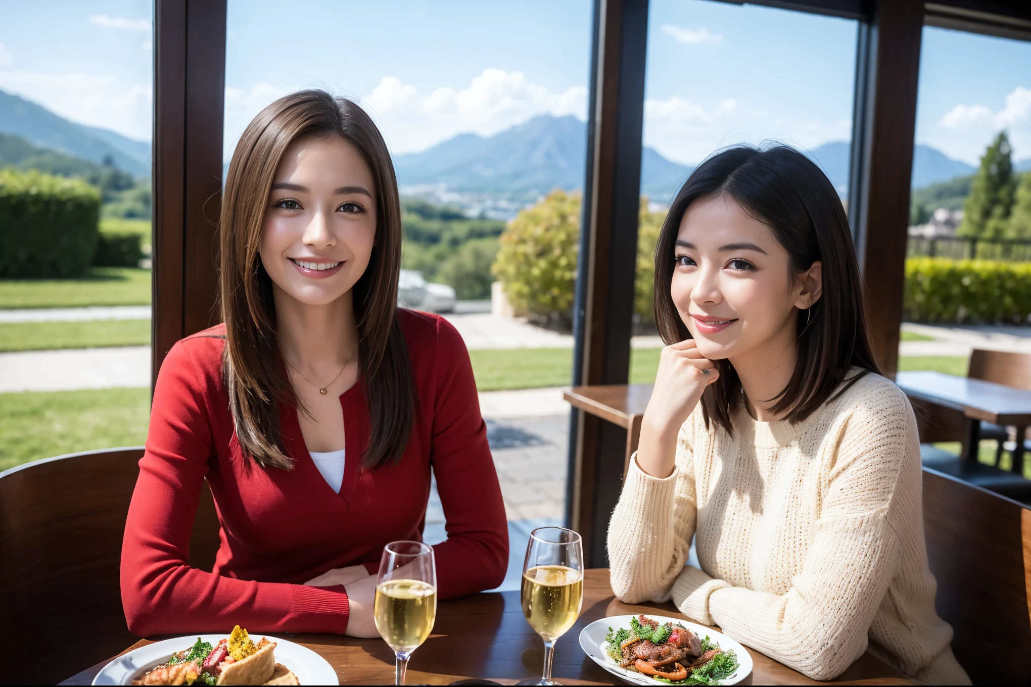 ((highest quality、8k、masterpiece:1.3))、1 male、1 female、lover、Beautiful couple、Smile、 (Slim face), (the body is スリム), (Brown Hair), (Shortcuts), ((Bob Hale、Straight hair:1.2)), テーブルの上のwine glass、Please shine a light on my face、 Amazing view of the sunset sky and clouds、Amazing mountain views、The beauty of a smile、Bright image、Blushing, Shortcuts,Bright Face、 (42 years old), 39 years old, red wine 、Appetizers、Italian food、Wine bottle、Champagne、sparkling wine、Long sleeve shirt、dress、Attractive beauty、restaurant, Nova Frog Style, actress, model, Upper Body, White wine, red wine, wine glass,