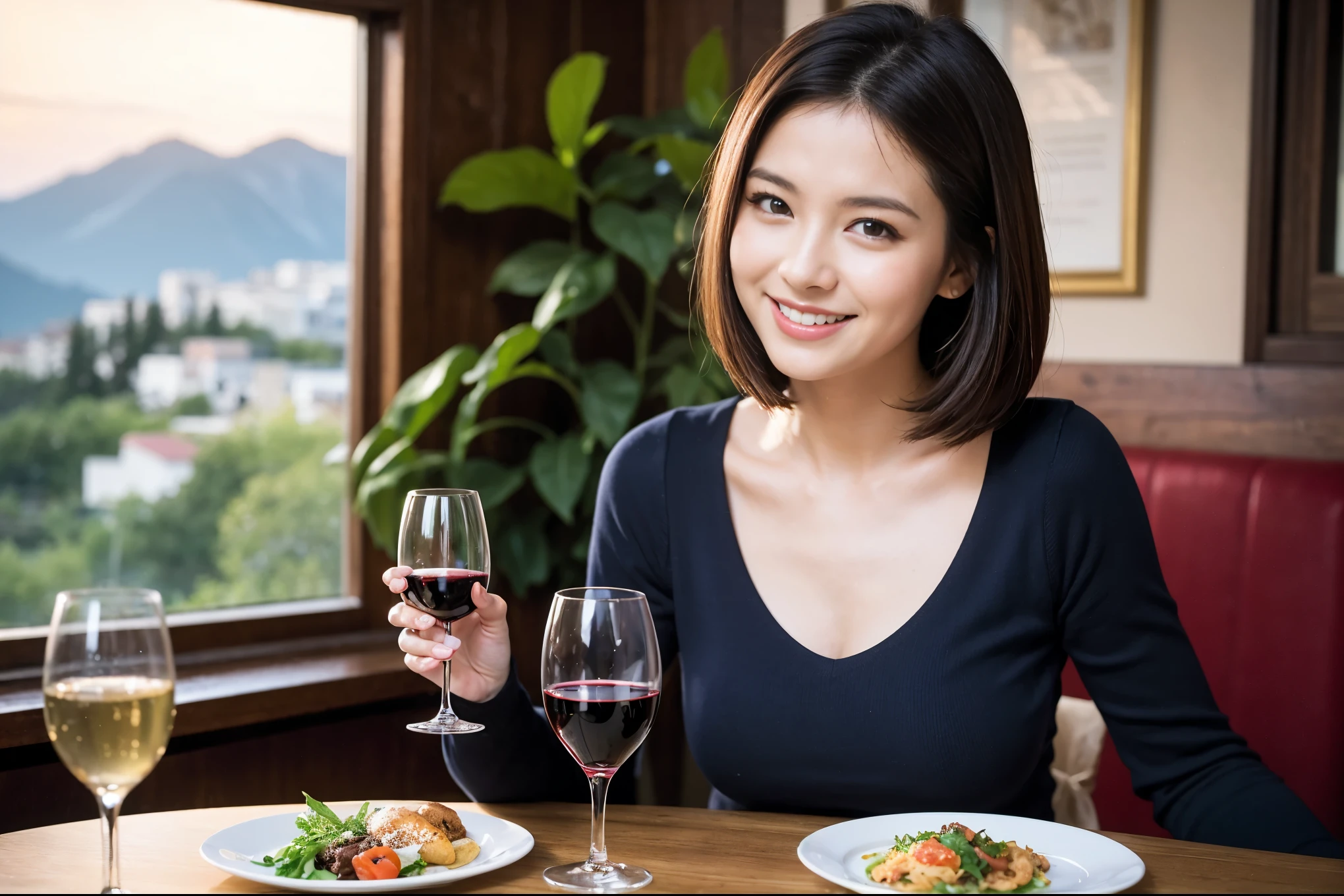 ((highest quality、8k、masterpiece:1.3))、1 male、1 female、lover、Beautiful couple、Smile、 (Slim face), (the body is スリム), (Brown Hair), (Shortcuts), ((Bob Hale、Straight hair:1.2)), テーブルの上のwine glass、Please shine a light on my face、 Amazing view of the sunset sky and clouds、Amazing mountain views、The beauty of a smile、Bright image、Blushing, Shortcuts,Bright Face、 (42 years old), 39 years old, red wine 、Appetizers、Italian food、Wine bottle、Champagne、sparkling wine、Long sleeve shirt、dress、Attractive beauty、restaurant, Nova Frog Style, actress, model, Upper Body, White wine, red wine, wine glass, 