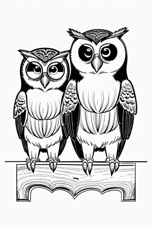 Cute and adorable Spectacled Owl and its Cub, coloring page for kids, happy, smiling, surrounded by plants, vector art, minimalistic, vector 2d, black lines white background, coloring page for beginners, vector illustration, pencil strokes, no color, drawing for coloring, white background, Pixar style, black and white