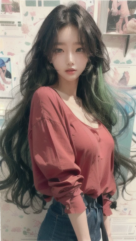 long 머리와 빨간 셔츠를 입은 사람의 클로즈업, green wavy hair, green flowing hair, long 청록색 머리를 가진, long 곱슬머리, best face, 매우 long 물결 모양의 하늘색 머리, long 청록색 머리, long, shining, Subtle hair, Vibrant black wavy hair, long 녹색 머리, long 머리를 가진 아시아 소녀, long shining gorgeous hair