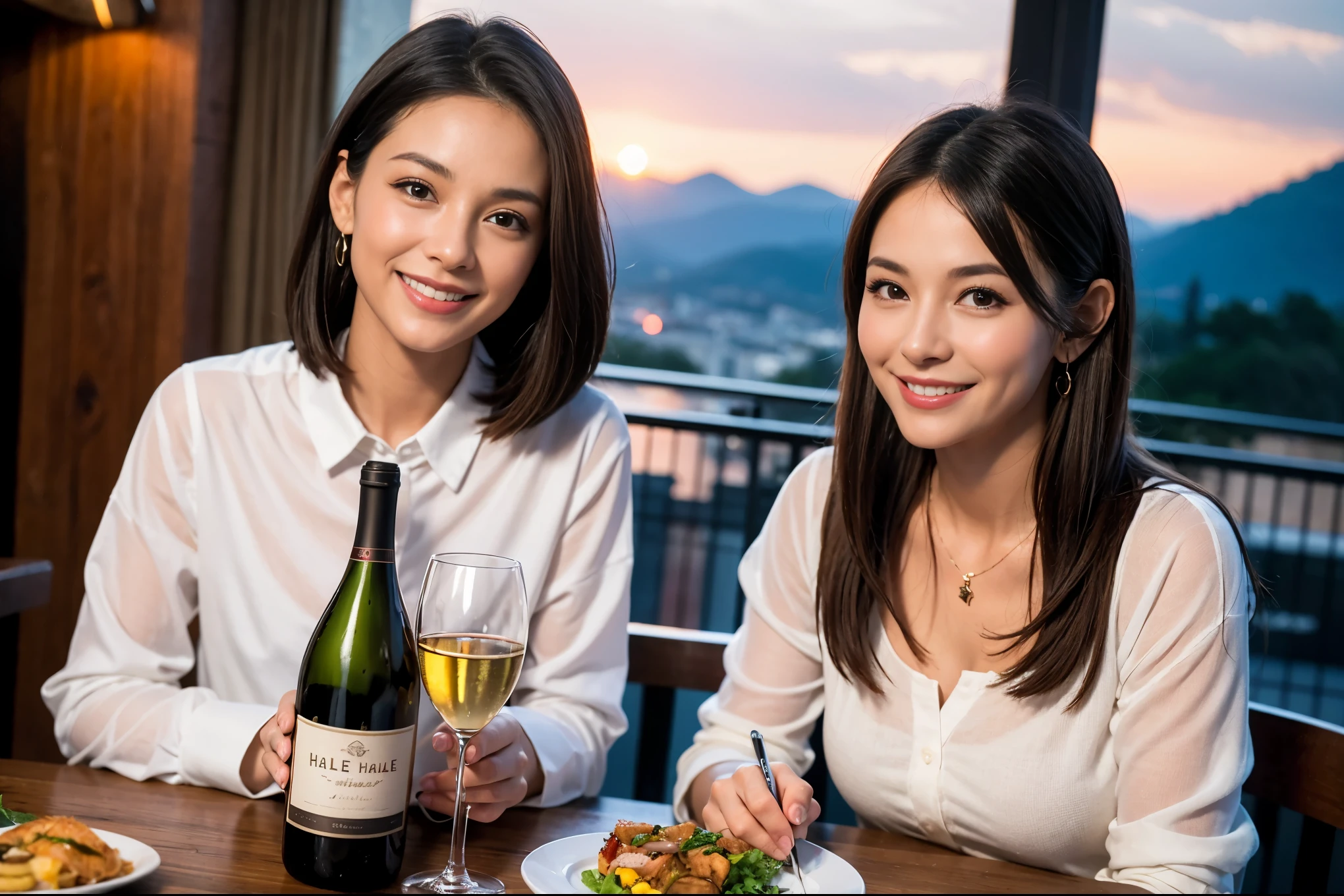 ((highest quality、8k、masterpiece:1.3))、1 male 1 female、Lovers、beautiful couple、Happy Smile、 (Slim face), (The body is スリム), (Brown Hair), (Shortcuts), ((Bob Hale、Straight hair:1.2)), テーブルの上のwine glass、Please put light on my face、 Amazing view of the sunset sky and clouds、Amazing mountain views、The wonderfulness of smiles、Bright image、Blushing, Shortcuts,Bright Face、 (42 years old), 39 years old, red wine 、Appetizers、Italian food、Wine bottle、Champagne、sparkling wine、Long sleeve shirt、dress、Attractive beauty、restaurant, Nova Frog Style, actress, model, Upper Body, White wine, red wine, wine glass,