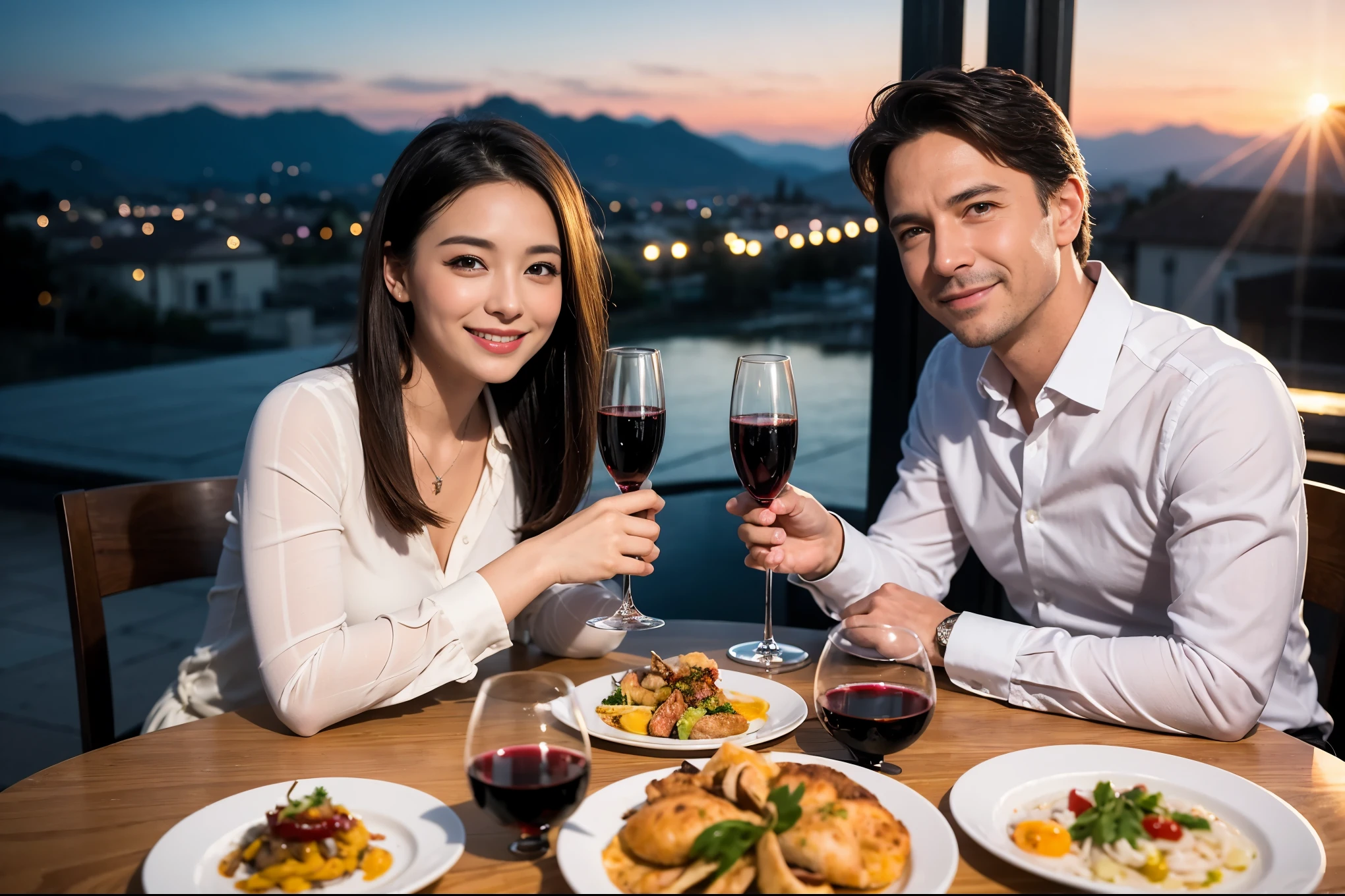 ((highest quality、8k、masterpiece:1.3))、1 male 1 female、Lovers、beautiful couple、Happy Smile、 (Slim face), (The body is スリム), (Brown Hair), (Shortcuts), ((Bob Hale、Straight hair:1.2)), テーブルの上のwine glass、Please put light on my face、 Amazing view of the sunset sky and clouds、Amazing mountain views、The wonderfulness of smiles、Bright image、Blushing, Shortcuts,Bright Face、 (42 years old), 39 years old, red wine 、Appetizers、Italian food、Wine bottle、Champagne、sparkling wine、Long sleeve shirt、dress、Attractive beauty、restaurant, Nova Frog Style, actress, model, Upper Body, White wine, red wine, wine glass,