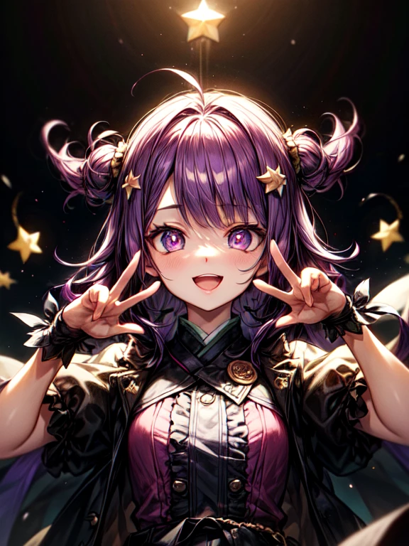 Hoshino Ai, gloves, language sticking out, language, long hair, Star (symbol), View view, (purple hair: 1.2), Purple eyes, Upper body, hair ornament, frill, pink shirt, smile, without sleeves, shirt, idol, symbol shaped pupil, hands up, bang, one side up, Star-shaped pupils, hands up, dress, roaring twenties, Isometric, above, whole body, Rembrandt, illustration, Detail, Depth of field, I look at the viewer, peace sign, hand raised, language out, top quality, a high resolution.