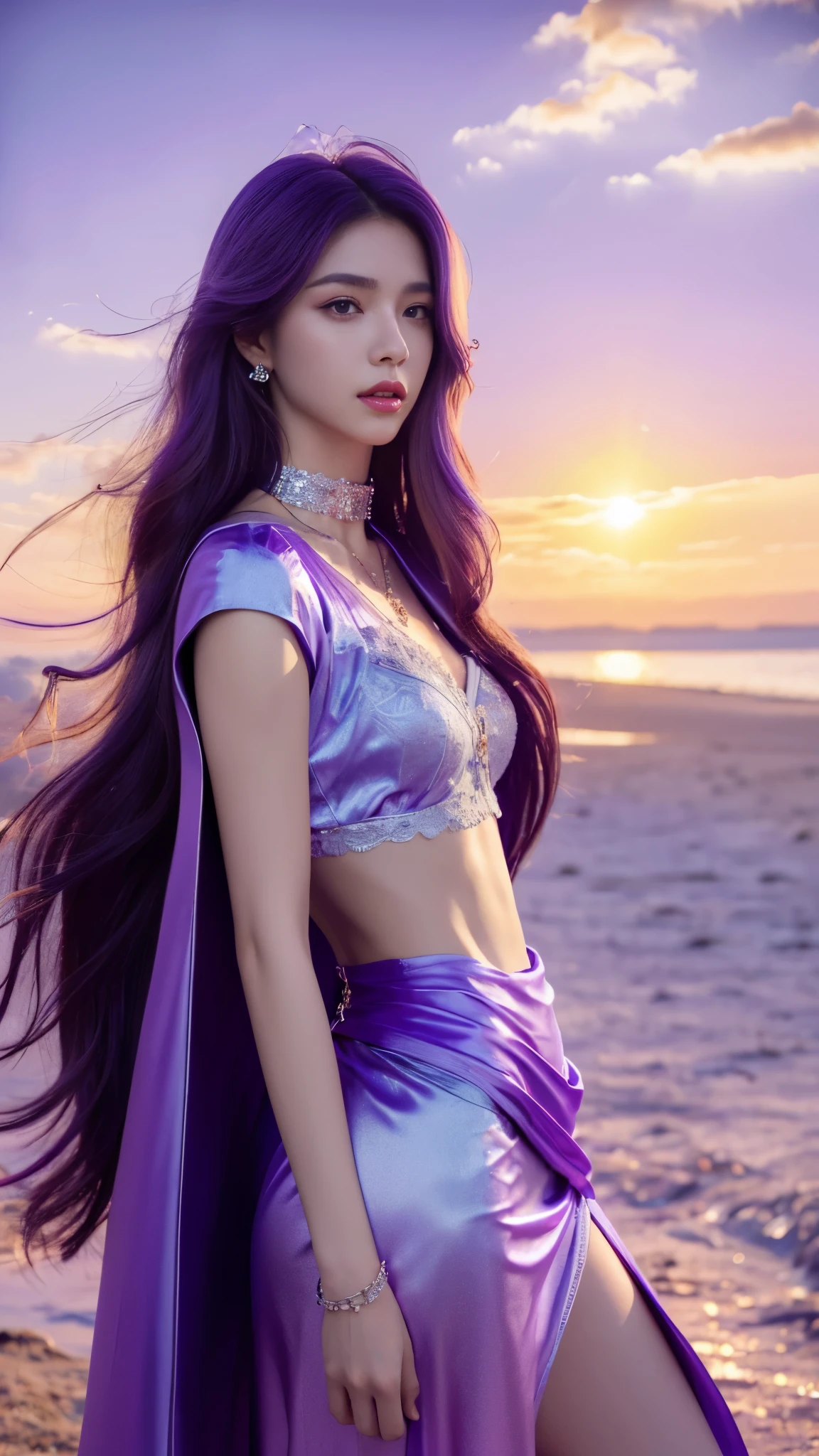 photorealistic, 1girl, ((slim body)), long hair, gradient hair, solo, detailed eyes, jewelry, bracelet, choker, small breasts, looking at viewer, realistic, necklace, (((purple princess))), long skirt, thigh highs, blue cape, sardine, lace, evening, sunlight, clouds, in the sky, clouds, realistic sun light,, detailed, upper body,