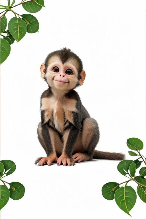 Cute and adorable Squirrel Monkey and its Cub, coloring page for kids, happy, smiling, surrounded by plants, vector art, minimalistic, vector 2d, black lines white background, coloring page for beginners, vector illustration, pencil strokes, no color, drawing for coloring, white background, Pixar style, black and white
