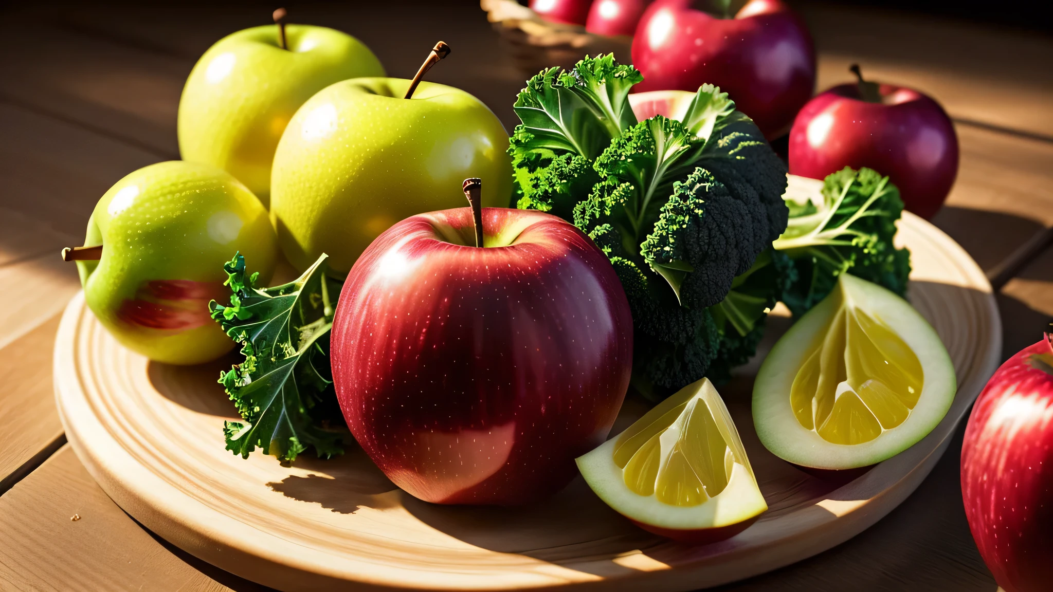 A vibrant array of fresh, nutritious fruits and vegetables, showcasing a stunning spectacle of colors, is meticulously arranged on a pristine wooden counter. The group includes an assortment of organic produce, such as radiant red apples, gleaming golden pears, vivid green kale, and deep purple plums, each piece radiating freshness and vitality. The focus on crisp, sharp details (Crisp Focus: 1.2) ensures that every textured surface glistens under soft, inviting light (Soft light: 1.2). This tantalizing assemblage, a tribute to the beauty of nature, invites the viewer to indul