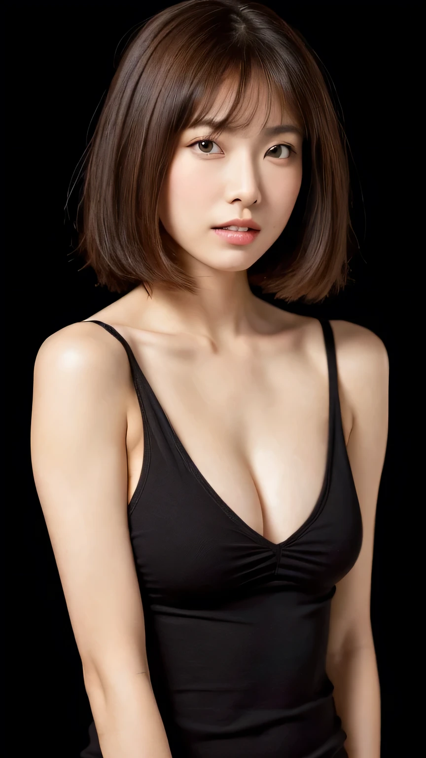Sculpting sexy poses, (masterpiece:1.3), (8k, Realistic, RAW Photos, highest quality:1.4), (1 girl), Beautiful Face, Realistic face, (Detailed face), Beautiful Hairstyles, (Thin Hair), Realistic eyes, (Fine Eyes), Beautiful details, Realistic skin, (Fine skin), Beautiful Skin, charm, Ultra-high resolution, Surreal, Very detailed, (Flat Chest:0.5), The Beauty of Japan, (Slim figure), kind, Brown Hair, Cute young Japanese girl, Cute young Japanese girl, (Simple black background), Flat Chest :1.2, Accentuate your cleavage, Stagnation, Wide Shot, (ankle shot), Wearing a large T-shirt without a bra, Girlish, Protruding nipples, pubic hair