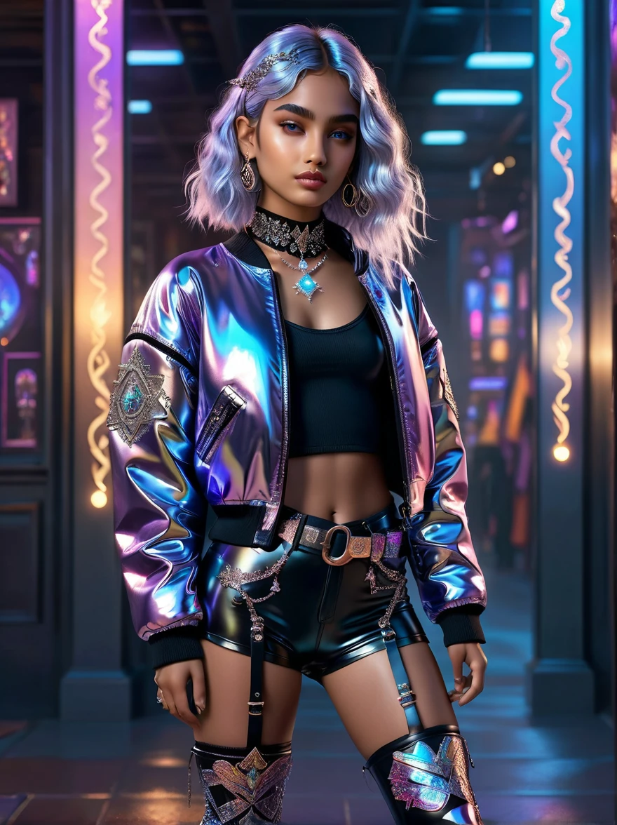 A South Asian girl with shoulder-length silver hair containing subtle blue hints, styled into loose waves framing her face. Her eyes shimmer in an enchanting violet shade. She dons an outfit that's a fusion of streetwear with fantasy components, sporting a form-fitting bodysuit made from iridescent fabric that changes hues with light. The bodysuit is embellished with intricate golden patterns resembling ancient runes. Over it, she wears a cropped holographic bomber jacket with metallic studs and gemstones patterned elaborately. Thigh-high boots, made from metallic silver material and glowing blue accents, clothe her legs. A belt packed with vials of enigmatic potions and charms circles her waist. Fingerless gloves with glowing runes etched into the fabric, and a choker with a glowing crystal pendant constitute her accessories. A holographic backpack carrying patches picturing mythical creatures and arcane symbols is also part of her ensemble. This blend of the conventional and fantastic gives her an aura of