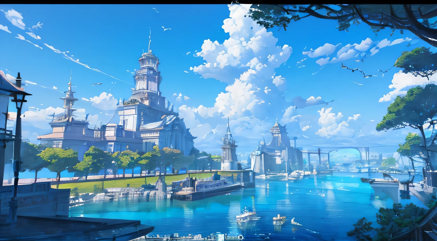 Masterpiece, high detail, 8K resolution, ConceptArt, scenery, water, sky, day, tree, cloud, nature, sea, ancient city of water, ancient waterway, ship harboring, blue sky, from above, Makoto Shinkai artstyle, birds