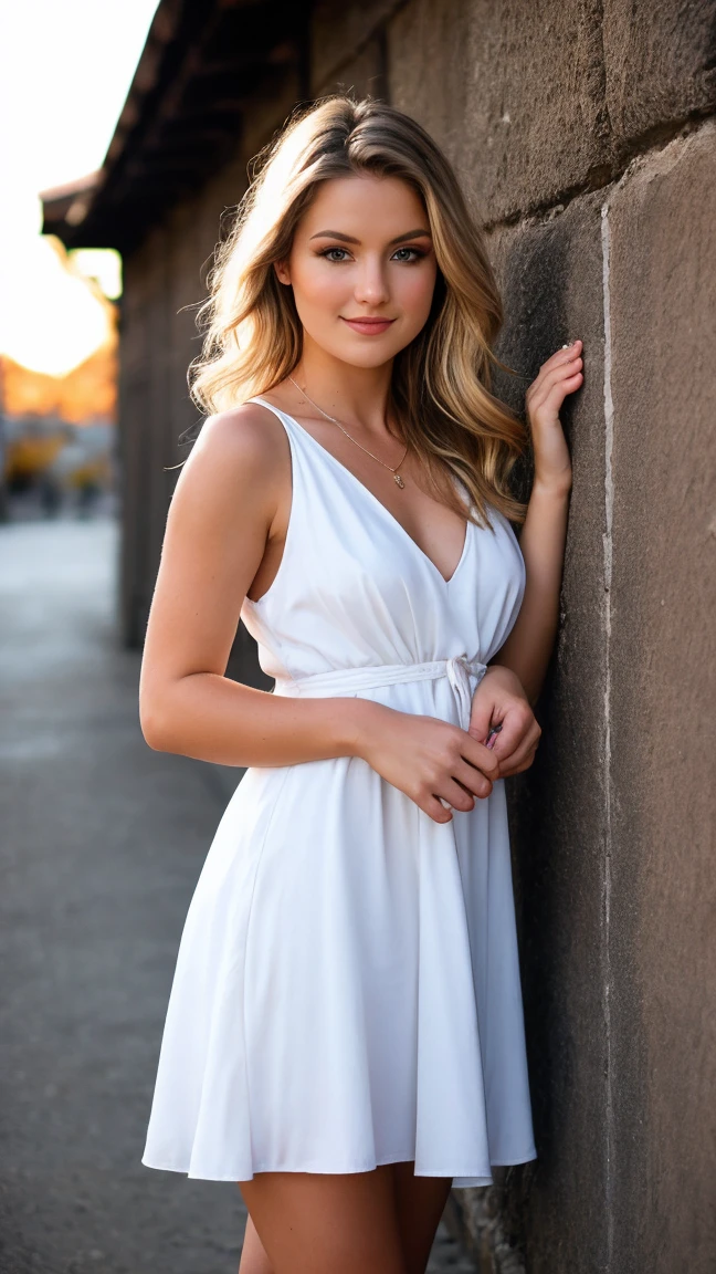 8k uhd, high quality , RAW photo, professional photograph , shot on a Canon EOS 5D , Beautiful blonde woman , dress