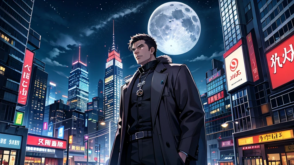 Future city, mart background, night, 야night, full moon, A man asking to come into the mart
