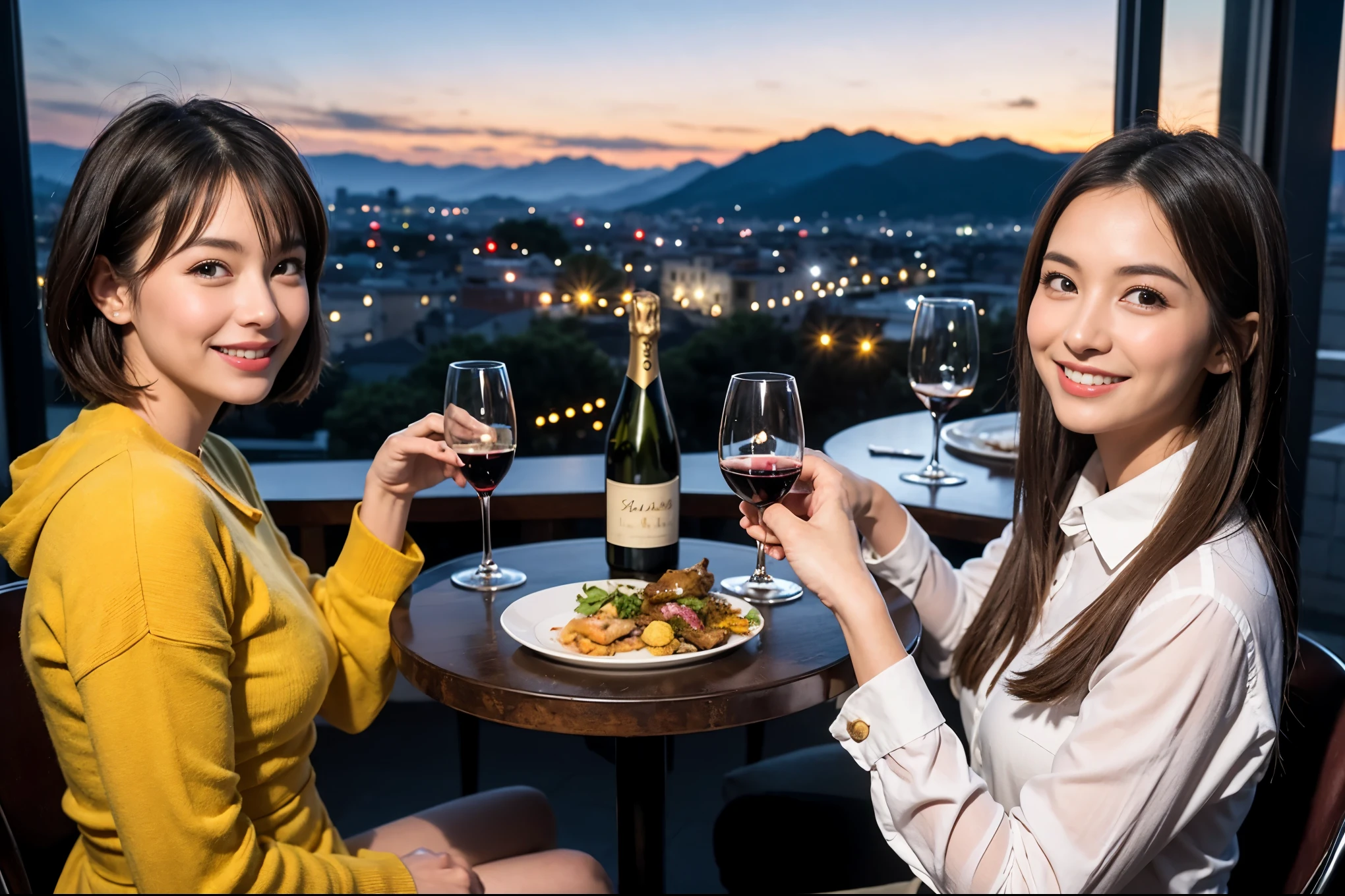 ((highest quality、8k、masterpiece:1.3))、1 male 1 female、Lovers、beautiful couple、Happy Smile、 (Slim face), (The body is スリム), (Brown Hair), (Shortcuts), ((Bob Hale、Straight hair:1.2)), テーブルの上のwine glass、Please put light on my face、 Amazing view of the sunset sky and clouds、Amazing mountain views、The wonderfulness of smiles、Bright image、Blushing, Shortcuts,Bright Face、 (Age 35), 39 years old, red wine 、Appetizers、Italian food、Wine bottle、Champagne、sparkling wine、Long sleeve shirt、dress、Attractive beauty、restaurant, Nova Frog Style, actress, model, Upper Body, White wine, red wine, wine glass, 