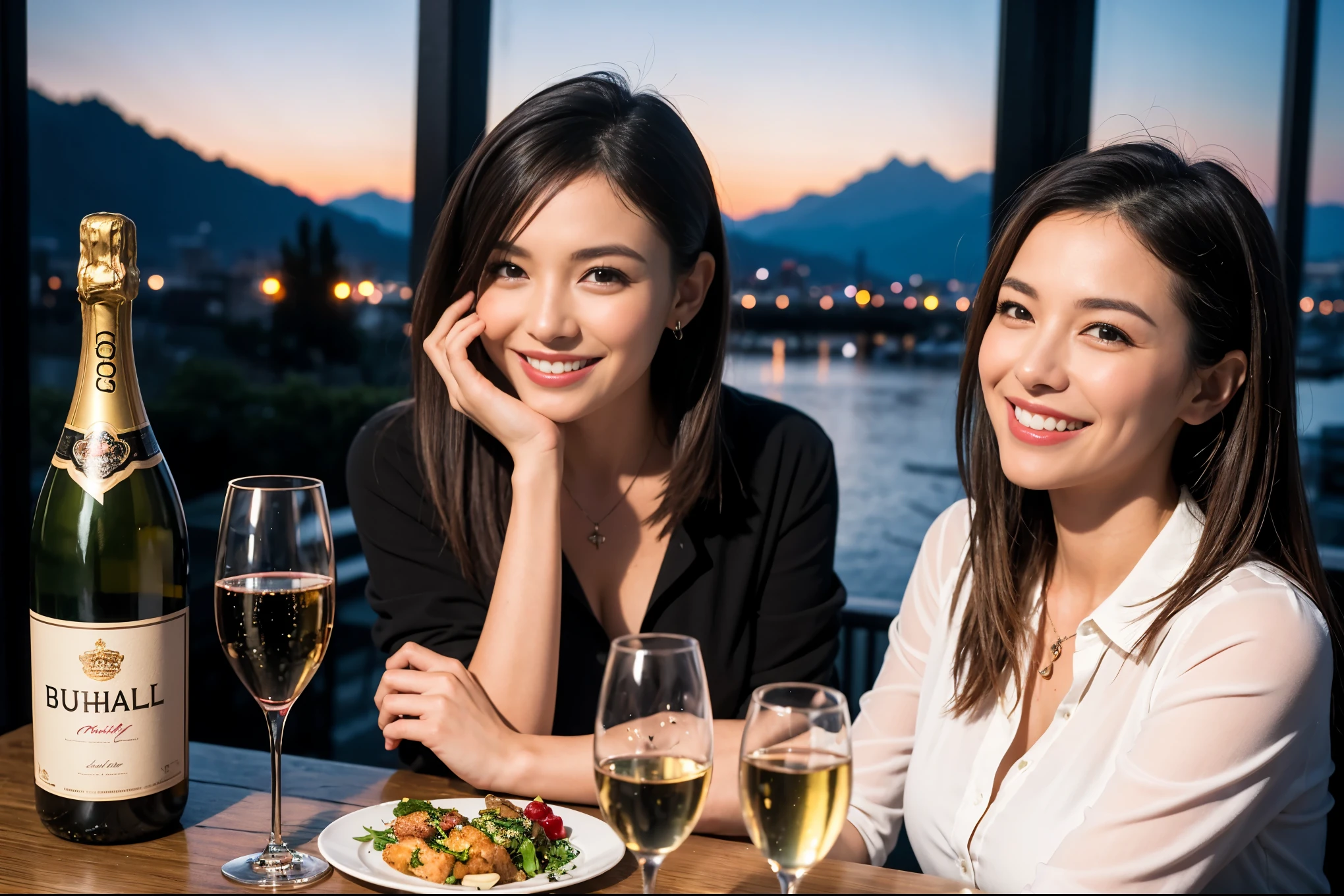 ((highest quality、8k、masterpiece:1.3))、1 male 1 female、Lovers、beautiful couple、Happy Smile、 (Slim face), (The body is スリム), (Brown Hair), (Shortcuts), ((Bob Hale、Straight hair:1.2)), テーブルの上のwine glass、Please put light on my face、 Amazing view of the sunset sky and clouds、Amazing mountain views、The wonderfulness of smiles、Bright image、Blushing, Shortcuts,Bright Face、 (Age 35), 39 years old, red wine 、Appetizers、Italian food、Wine bottle、Champagne、sparkling wine、Long sleeve shirt、dress、Attractive beauty、restaurant, Nova Frog Style, actress, model, Upper Body, White wine, red wine, wine glass,