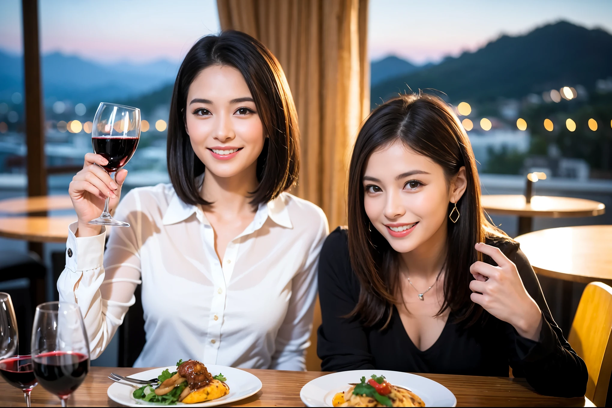 ((highest quality、8k、masterpiece:1.3))、1 male 1 female、Lovers、beautiful couple、Happy Smile、 (Slim face), (The body is スリム), (Brown Hair), (Shortcuts), ((Bob Hale、Straight hair:1.2)), テーブルの上のwine glass、Please put light on my face、 Amazing view of the sunset sky and clouds、Amazing mountain views、The wonderfulness of smiles、Bright image、Blushing, Shortcuts,Bright Face、 (Age 35), 39 years old, red wine 、Appetizers、Italian food、Wine bottle、Champagne、sparkling wine、Long sleeve shirt、dress、Attractive beauty、restaurant, Nova Frog Style, actress, model, Upper Body, White wine, red wine, wine glass,