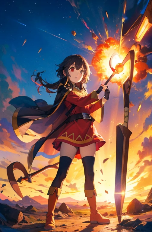 casting magic, magic, staff, Holding staff, explosion, whole body, Have, Holding, Open your mouth, Are standing, boots, Cape,Megumin, Megumindef