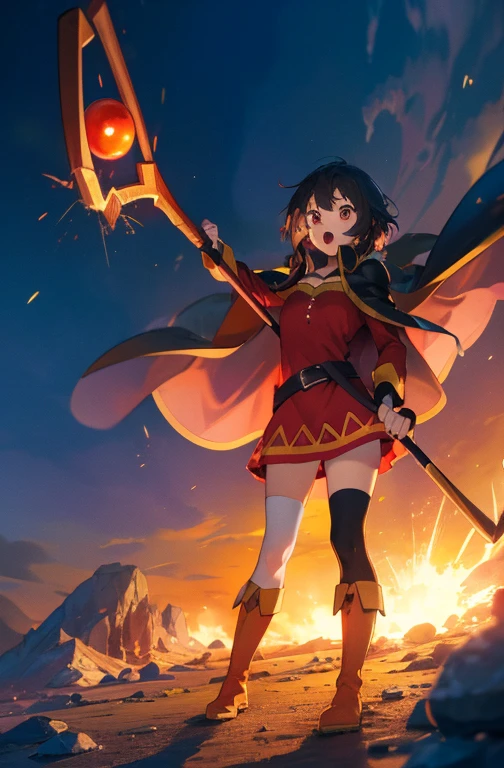 casting magic, magic, staff, Holding staff, explosion, whole body, Have, Holding, Open your mouth, Are standing, boots, Cape,Megumin, Megumindef