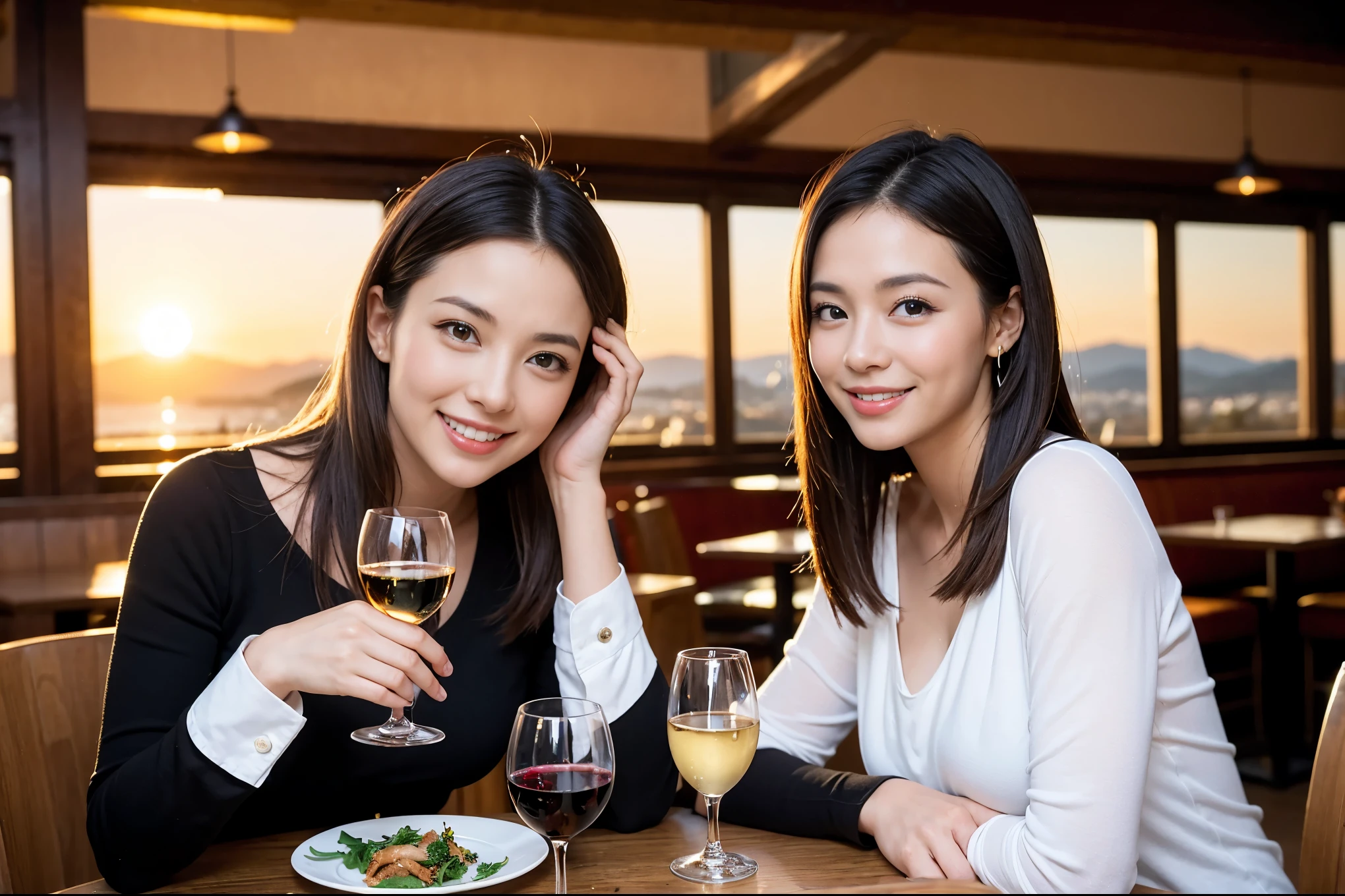 ((highest quality、8k、masterpiece:1.3))、1 male 1 female、Lovers、beautiful couple、Happy Smile、 (Slim face), (The body is スリム), (Brown Hair), (Shortcuts), ((Bob Hale、Straight hair:1.2)), テーブルの上のwine glass、Please put light on my face、 Amazing view of the sunset sky and clouds、Amazing mountain views、The wonderfulness of smiles、Bright image、Blushing, Shortcuts,Bright Face、 (Age 35), 39 years old, red wine 、Appetizers、Italian food、Wine bottle、Champagne、sparkling wine、Long sleeve shirt、dress、Attractive beauty、restaurant, Nova Frog Style, actress, model, Upper Body, White wine, red wine, wine glass, 