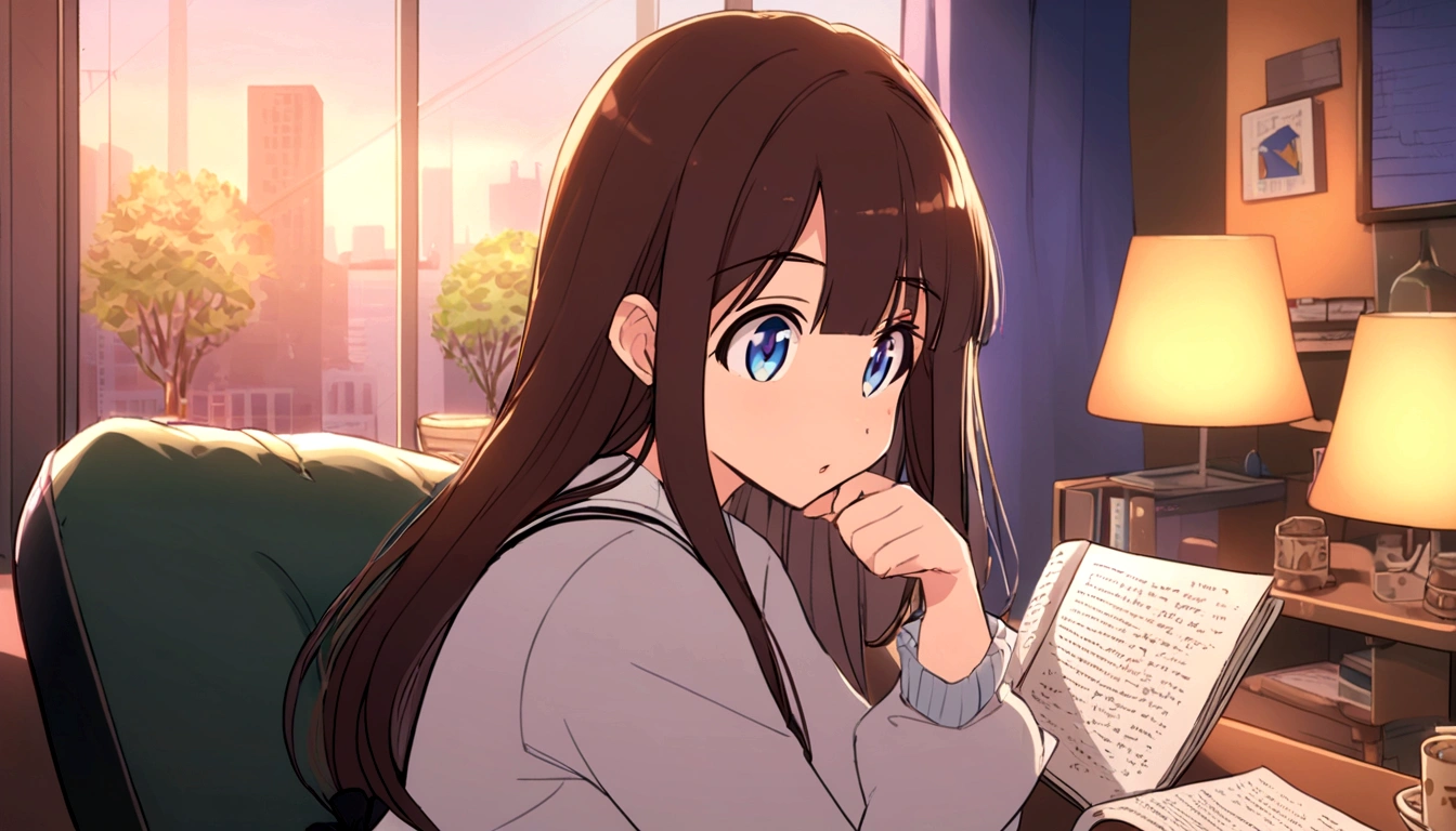 Feminized Maple Manyo, reading a book on the sofa in her room, girl with long hair, large eyes, city pop style fashion.