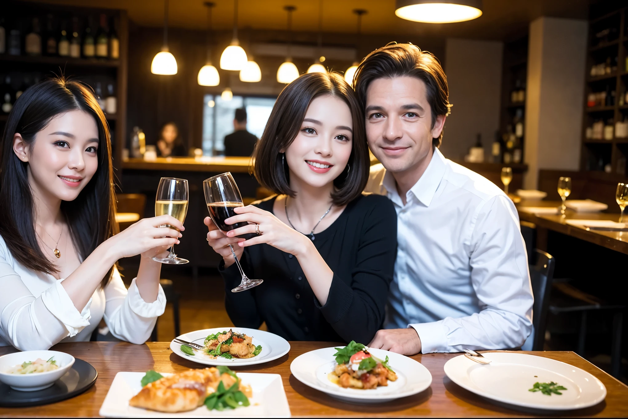 ((highest quality、8k、masterpiece:1.3))、1 male 1 female、Lovers、beautiful couple、Happy Smile、 (Slim face), (The body is スリム), (Brown Hair), (Shortcuts), ((Bob Hale、Straight hair:1.2)), Wine glass on the table、Please put light on my face、 Amazing view of the sunset sky and clouds、Amazing mountain views、The wonderfulness of smiles、Bright image、Blushing, Shortcuts,Bright Face、 (42 years old), 39 years old, red wine 、Appetizers、Italian food、Wine bottle、Champagne、sparkling wine、Long sleeve shirt、dress、Attractive beauty、restaurant, Nova Frog Style, actress, model, Upper Body, White wine, red wine, wine glass,