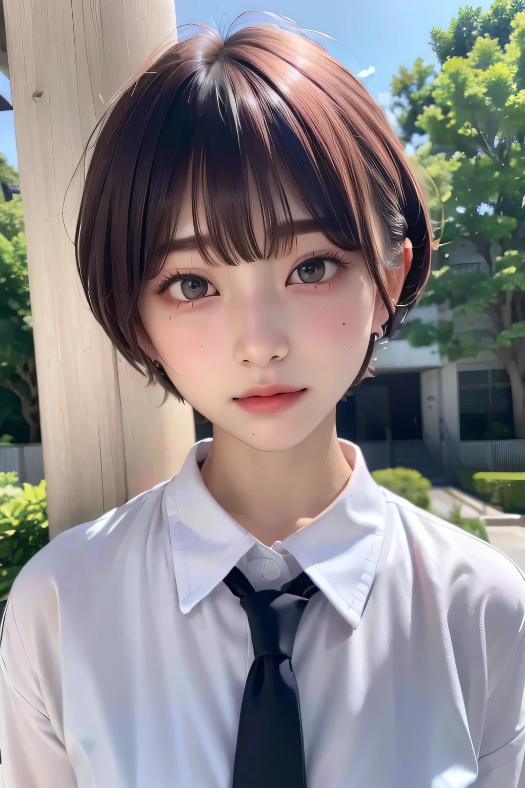 (highest quality:1.3)、(Masterpiece:1.4)、Raw photo、8K、((Best image quality))、 ((High resolution))、Beautiful face in every detail、Realistic human skin、Gentle expression、(One Woman:1.3)、Realistic、Photorealistic、short hair、(Beautiful woman)、((Cool Japan girl))、(boyish:1.3)、mannish、((Beautiful woman))、(Beautiful Hair)、((Dark brown hair))、(Blushing:1.5)、(Fashion Model:1.4)、((Every woman admires her face))、((Her eyes are big))、20 year old beauty、(Small face)、Small Head、((Long neck))、High school girls、uniform、Japanese high 、High school girlsのuniform、White button-up shirt、tie、(The aspirations of young people)、((The center of attention in school))、everyone will love her、