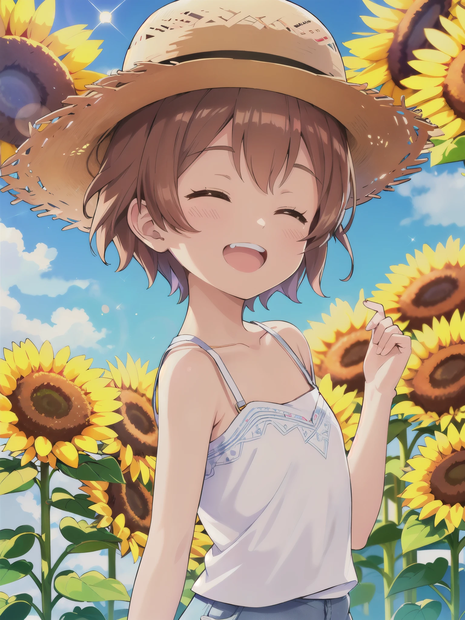 highest quality, (masterpiece:1.2), Very detailed,noon,Lens flare,One Girl, alone, Brown Hair, short hair, bangs,Straw hat,White camisole,Close both eyes,smile,sun,upper body,Sunflower field,Open your mouth,Holding a sunflower