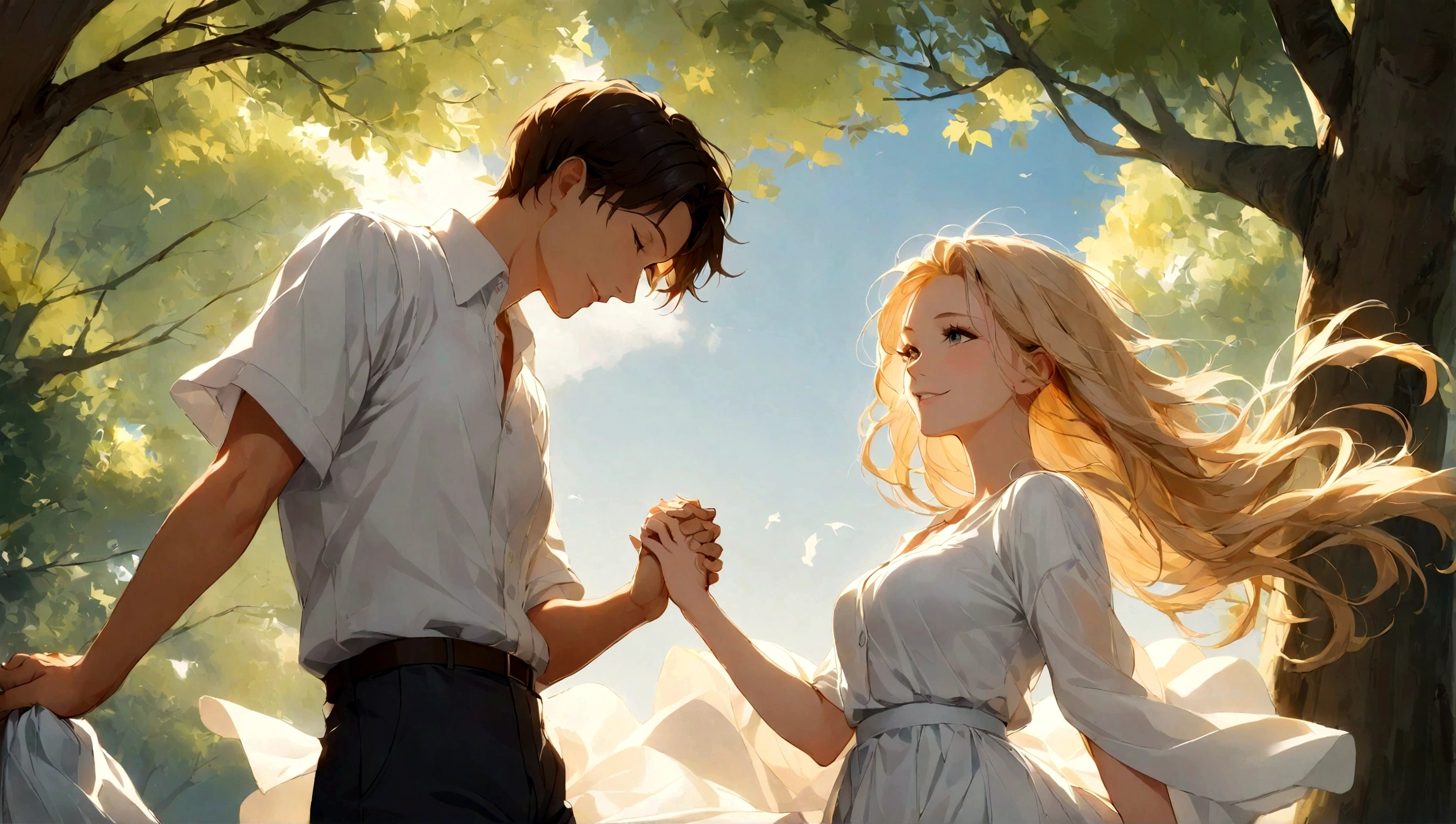 1boy, 1girl, hanging from the willow tree, drifting in the open breeze, cinematic angle, soft light, serene expression, wistful smile, parted lips, gentle wind, flowing hair, holding hands, nostalgic, ethereal atmosphere
