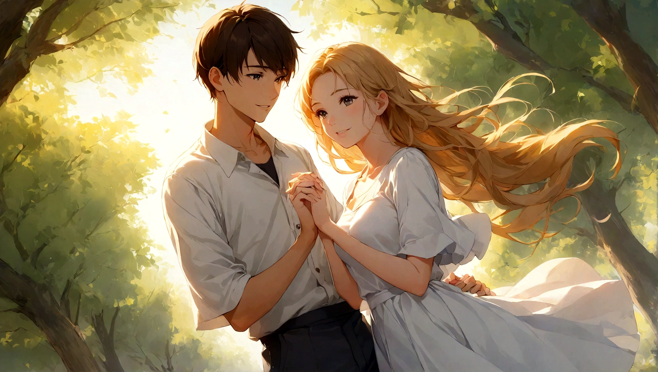 1boy, 1girl, hanging from the willow tree, drifting in the open breeze, cinematic angle, soft light, serene expression, wistful smile, parted lips, gentle wind, flowing hair, holding hands, nostalgic, ethereal atmosphere