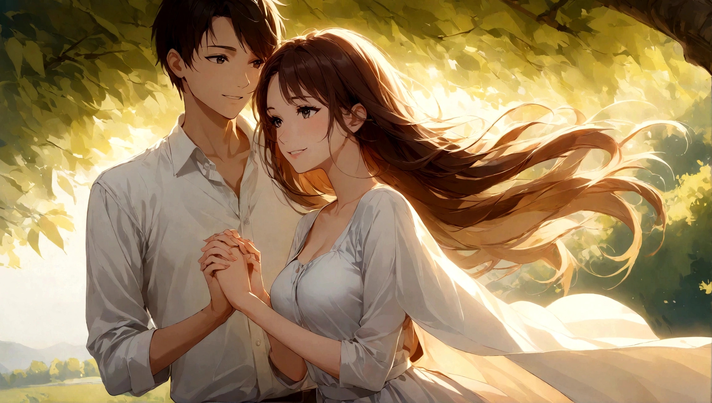 1boy, 1girl, hanging from the willow tree, drifting in the open breeze, cinematic angle, soft light, serene expression, wistful smile, parted lips, gentle wind, flowing hair, holding hands, nostalgic, ethereal atmosphere
