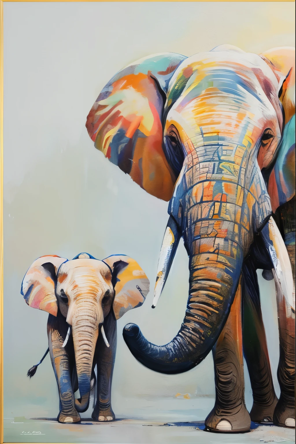 Painted oil painting effect,Two elephants,Abstract texture