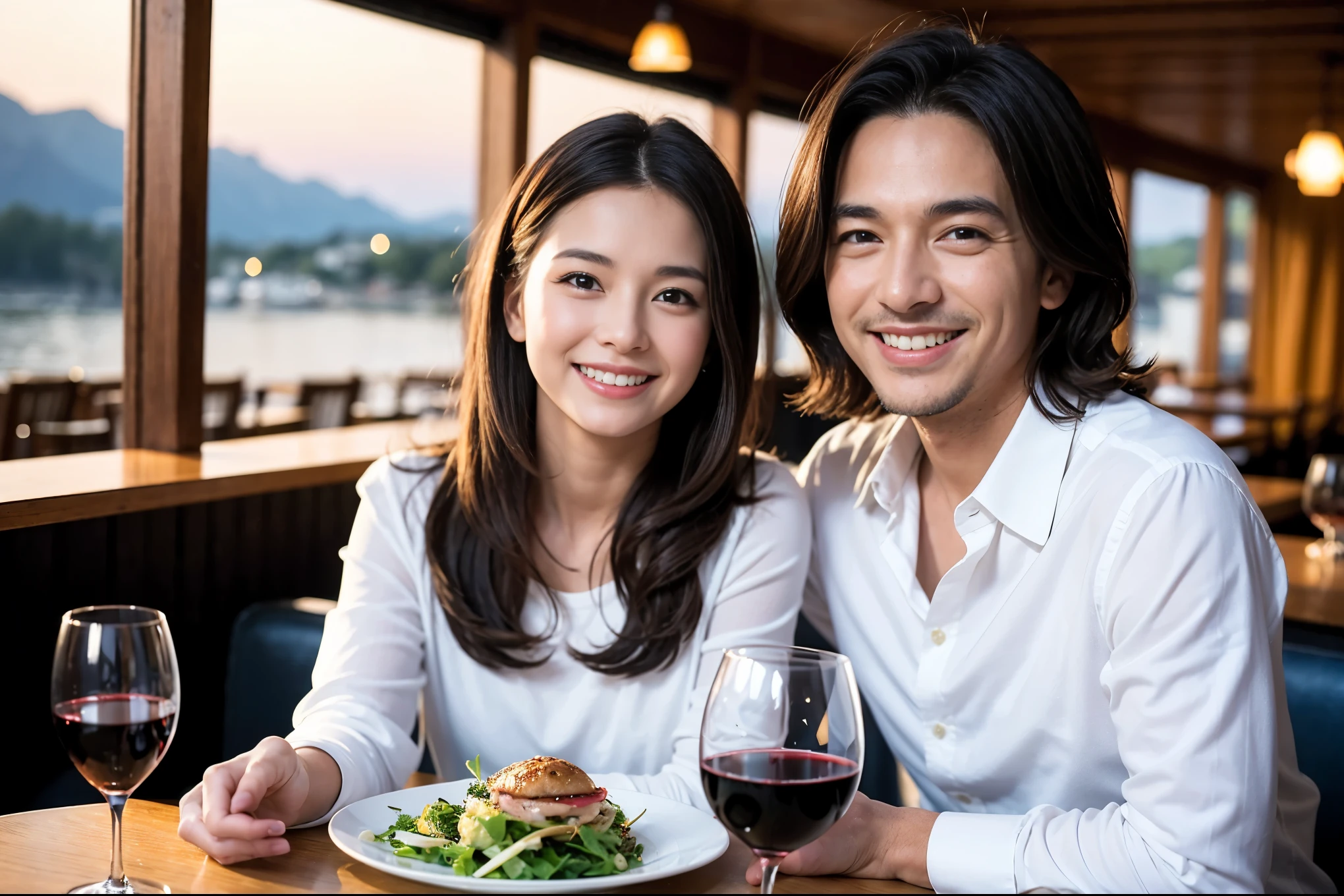 ((highest quality、8k、masterpiece:1.3))、1 male 1 female、Lovers、beautiful couple、Happy Smile、 (Slim face), (The body is スリム), (Brown Hair), (Shortcuts), ((Bob Hale、Straight hair:1.2)), テーブルの上のwine glass、Please put light on my face、 Amazing view of the sunset sky and clouds、Amazing mountain views、The wonderfulness of smiles、Bright image、Blushing, Shortcuts,Bright Face、 (Age 35), 39 years old, red wine 、Appetizers、Italian food、Wine bottle、Champagne、sparkling wine、Long sleeve shirt、dress、Attractive beauty、restaurant, Nova Frog Style, actress, model, Upper Body, White wine, red wine, wine glass,