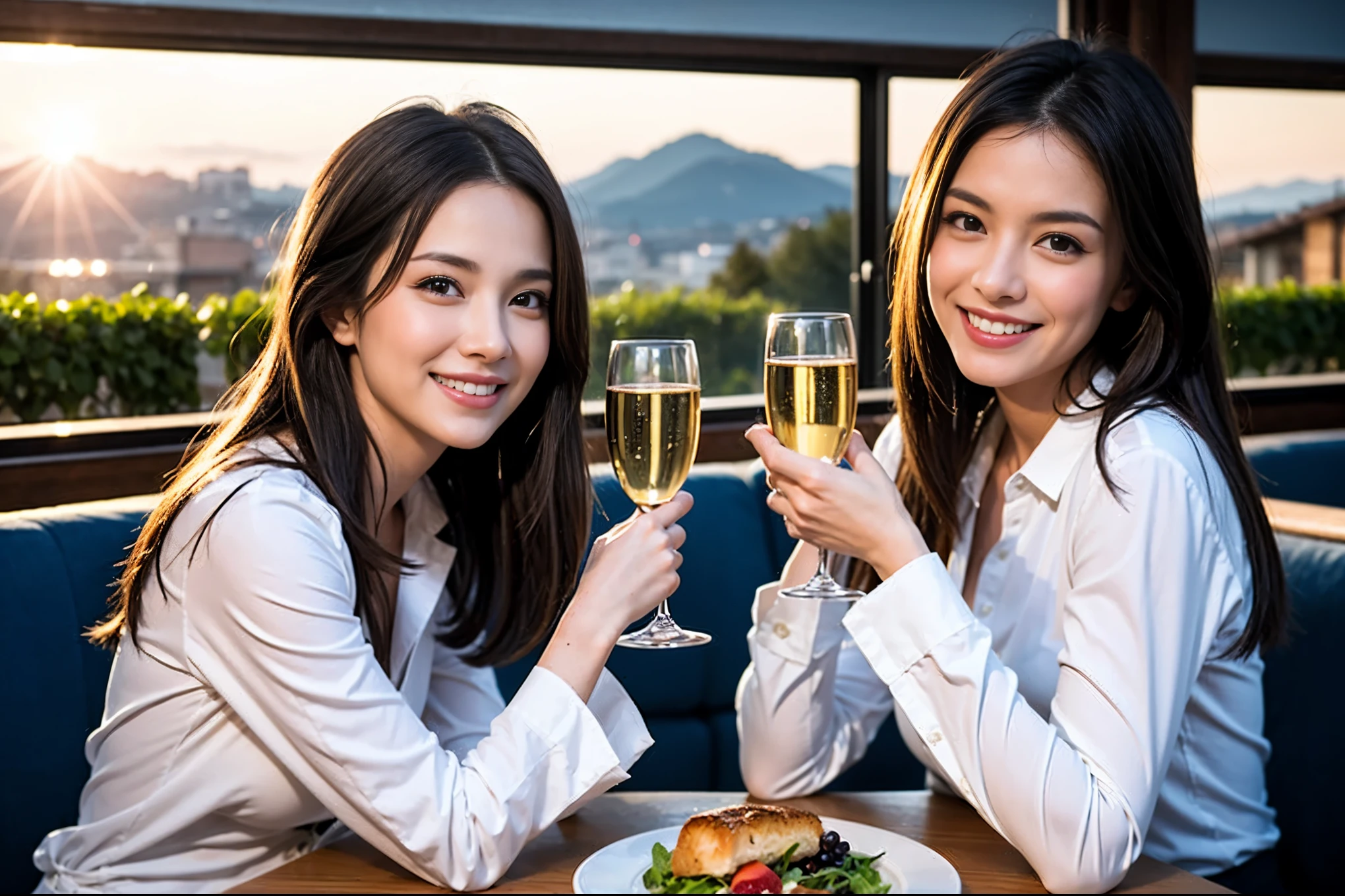 ((highest quality、8k、masterpiece:1.3))、1 male 1 female、Lovers、beautiful couple、Happy Smile、 (Slim face), (The body is スリム), (Brown Hair), (Shortcuts), ((Bob Hale、Straight hair:1.2)), テーブルの上のwine glass、Please put light on my face、 Amazing view of the sunset sky and clouds、Amazing mountain views、The wonderfulness of smiles、Bright image、Blushing, Shortcuts,Bright Face、 (Age 35), 39 years old, red wine 、Appetizers、Italian food、Wine bottle、Champagne、sparkling wine、Long sleeve shirt、dress、Attractive beauty、restaurant, Nova Frog Style, actress, model, Upper Body, White wine, red wine, wine glass, 
