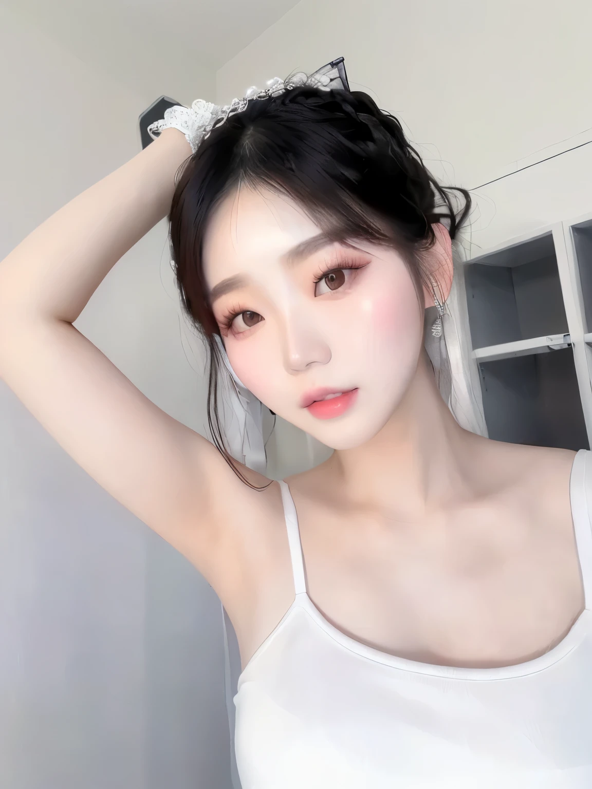 there is a woman that is posing for a picture in a white tank top, korean girl, ulzzang, beautiful south korean woman, gorgeous young korean woman, beautiful young korean woman, korean woman, young cute wan asian face, wan adorable korean face, heonhwa choe, f / 1. 9 6. 8 1 mm iso 4 0