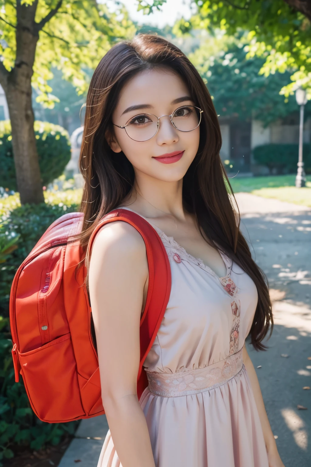 a fairy tale idol, whole body, good style, colorful stitch mini dress, colorful hair, (best quality,4k,8k,highres,masterpiece:1.2),ultra-detailed,(realistic,photorealistic,photo-realistic:1.37),intricate details, beautiful detailed eyes, beautiful detailed lips, extremely detailed face, delicate facial features, elegant pose, magical atmosphere, vibrant colors, cinematic lighting, fantasy art, wearing school backpack (red backpack:1.1), smiling, wearing glasses 