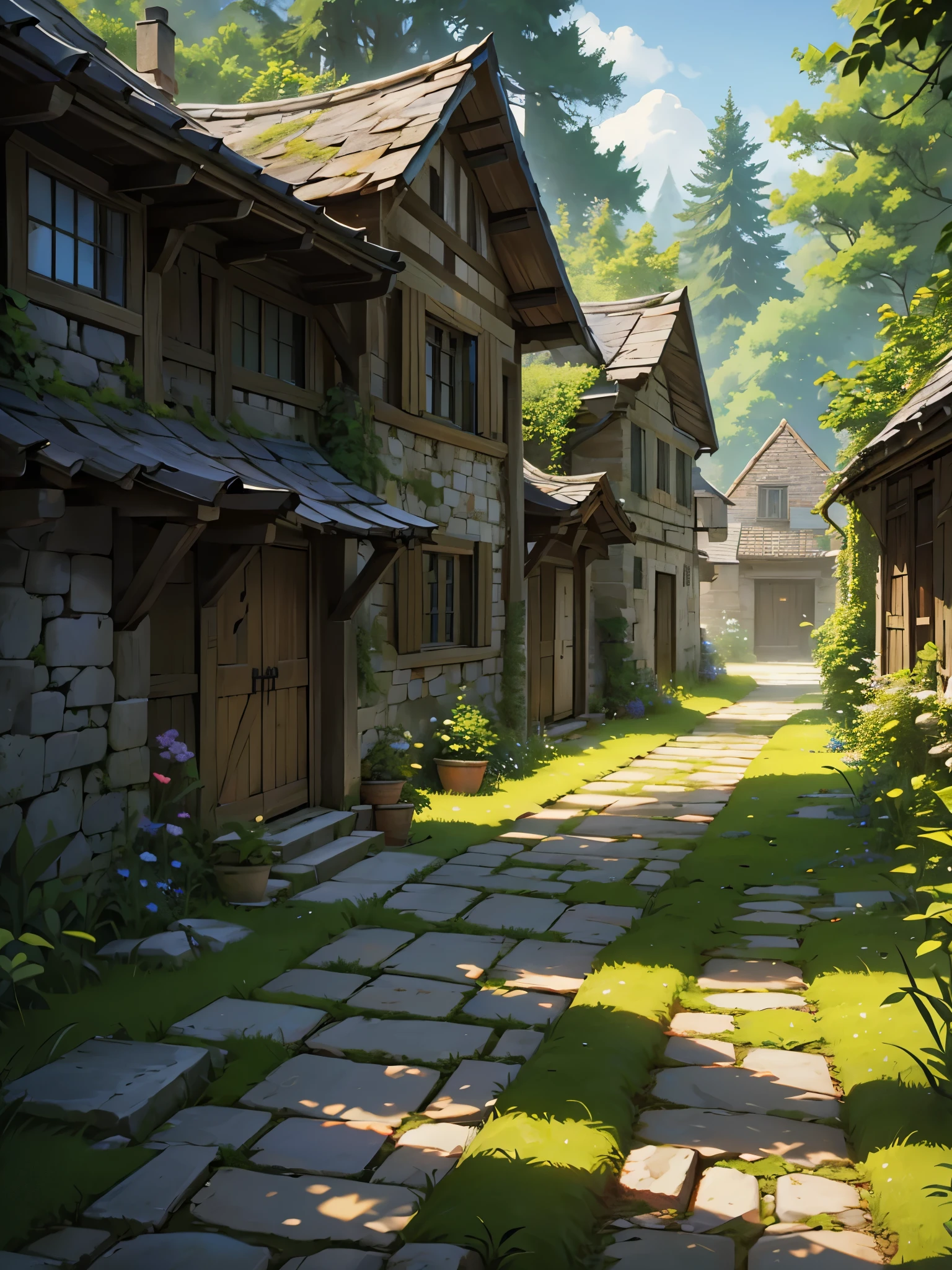 4k ultra HD landscape image, image of a medieval village alleyway very small very primitive stone and wood single story buildings in the forest, very green, trees many plants around