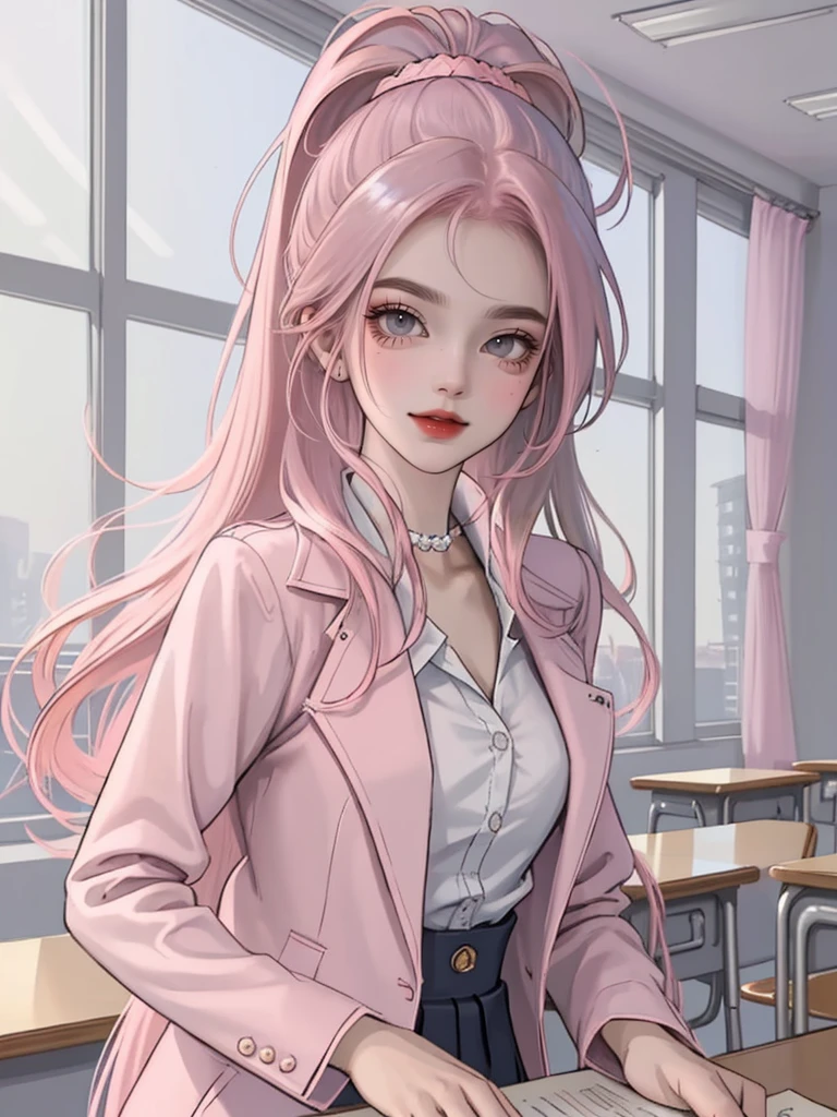 (masterpiece,best quality,1girl,deep pink hair,long ponytailwearing a shirt,collar,blue jacket,pant,classroom, bad girl,smile,lean on the desk