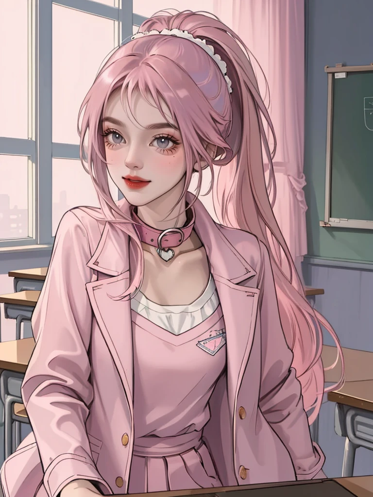 (masterpiece,best quality,1girl,deep pink hair,long ponytailwearing a shirt,collar,blue jacket,pant,classroom, bad girl,smile,lean on the desk