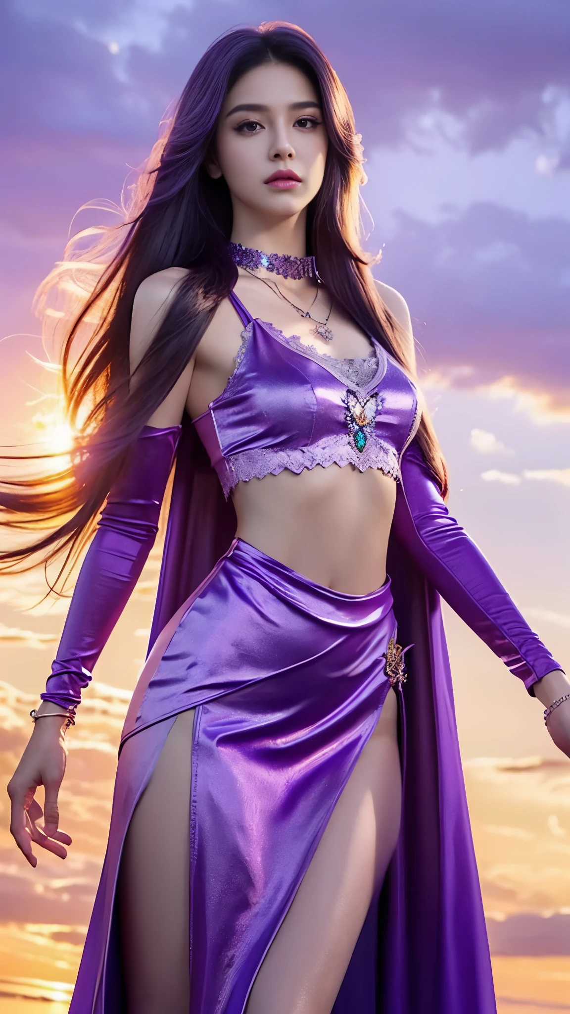 photorealistic, 1girl, ((slim body)), long hair, gradient hair, solo, detailed eyes, jewelry, bracelet, choker, small breasts, looking at viewer, realistic, necklace, (((purple princess))), long skirt, thigh highs, purple cape, sardine, lace, evening, sunlight, clouds, in the sky, clouds, realistic sun light,, detailed, upper body,