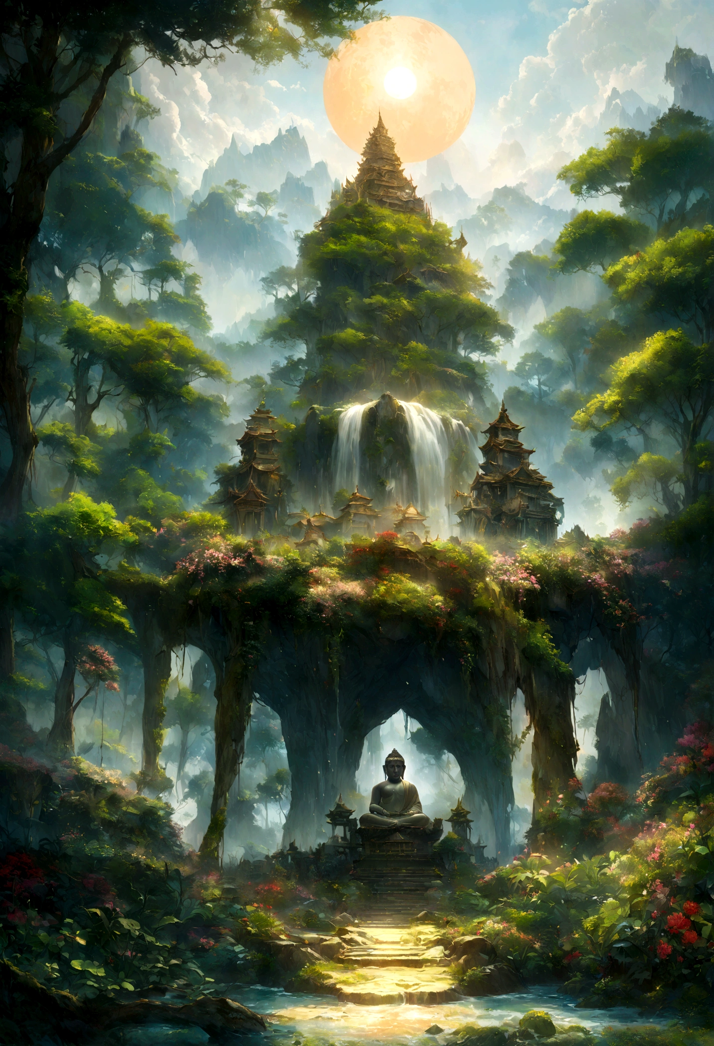 ,Buddha on a lotus throne among the trees, matte painting, detailed landscape , raw style, 8k very detailed, environmental design illustrations, The sun shines, glisten, detailed art scenery, concept art, Highly detailed 4k digital artwork., digital painting 4k, Amazing digital illustrations, Flower Background, concept artการวาดภาพดิจิทัล, Detailed digital painting
