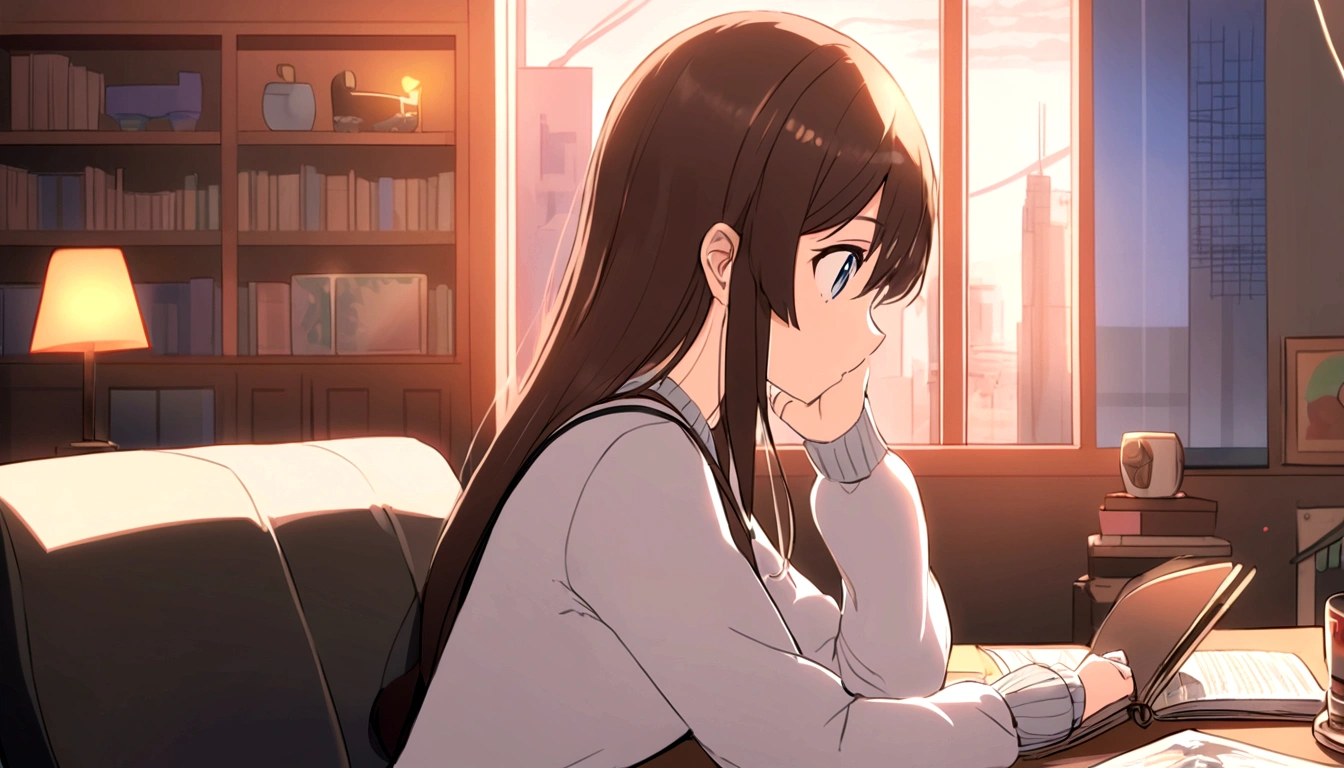 Feminized Maple Manyo, reading book on sofa in room, girl with long hair, profile, large eyes, city pop style fashion.
