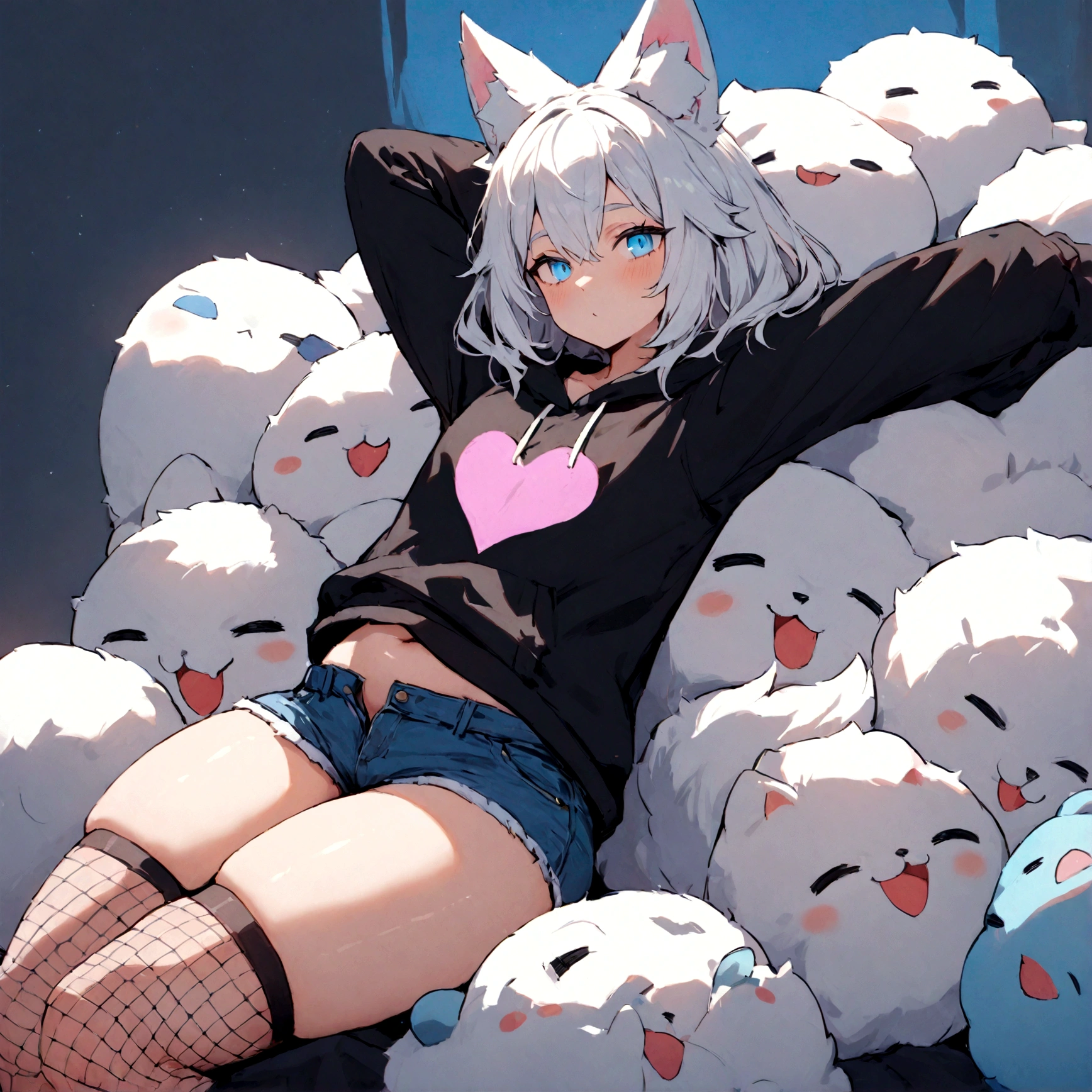 a cute adult male with wolf ears, white hair, has a wolf tail, wearing a loose cropped oversized black hoodie, wearing a pair of denim short shorts and fishnet stockings, thick thighs, wide hips, relaxing on mound of fluffy multi colored kawaii plushies, short, very slim, showing slender tummy, stretching out, heart on hoodie, squishy thighs, has glowing blue eyes. alone, solo (ALONE)(SOLO)