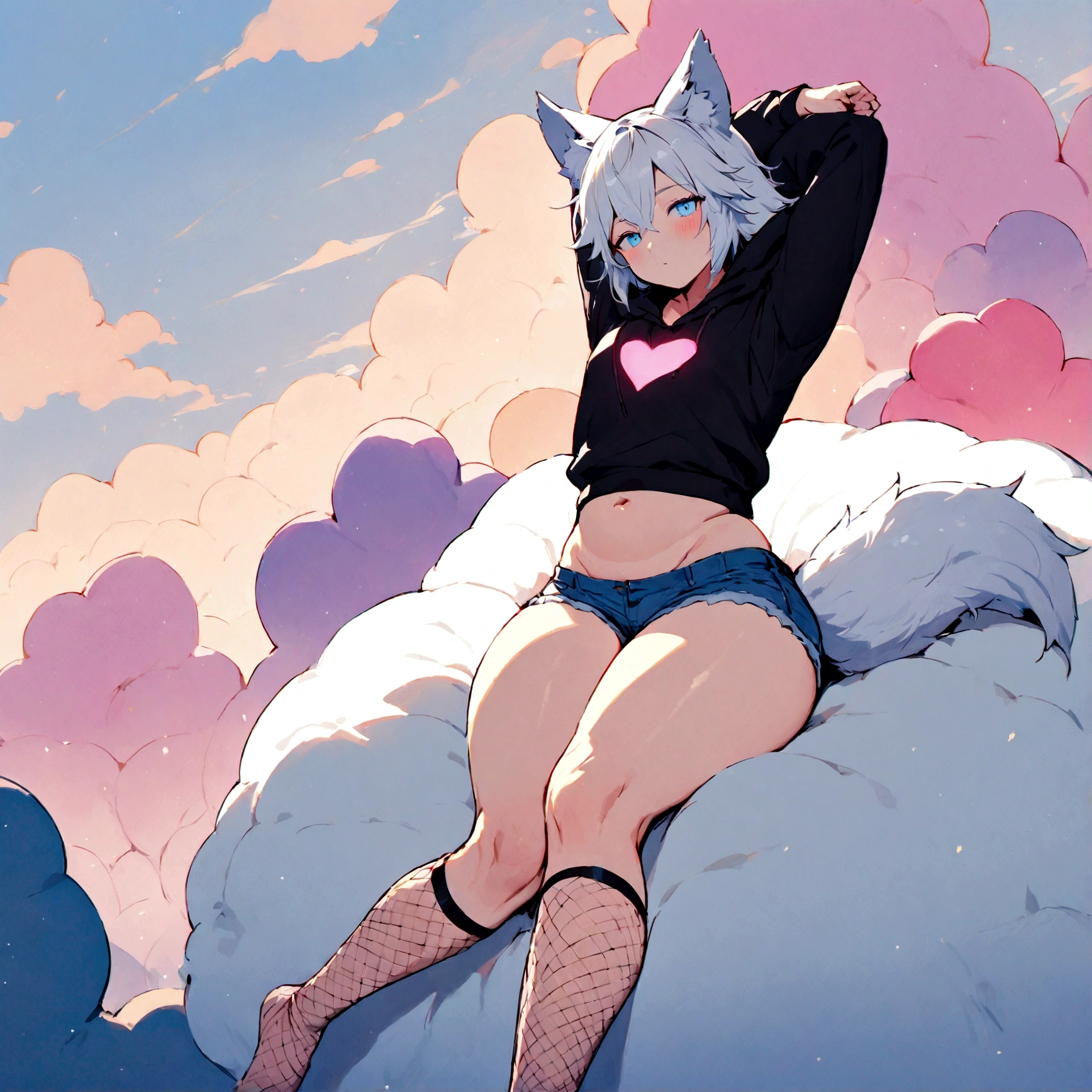 a cute adult male with wolf ears, white hair, has a wolf tail, wearing a loose cropped oversized black hoodie, wearing a pair of denim short shorts and fishnet stockings, thick thighs, wide hips, relaxing on mound of fluffy multi colored kawaii plushies, short, very slim, showing slender tummy, stretching out, heart on hoodie, squishy thighs, has glowing blue eyes. alone, solo (ALONE)(SOLO)
