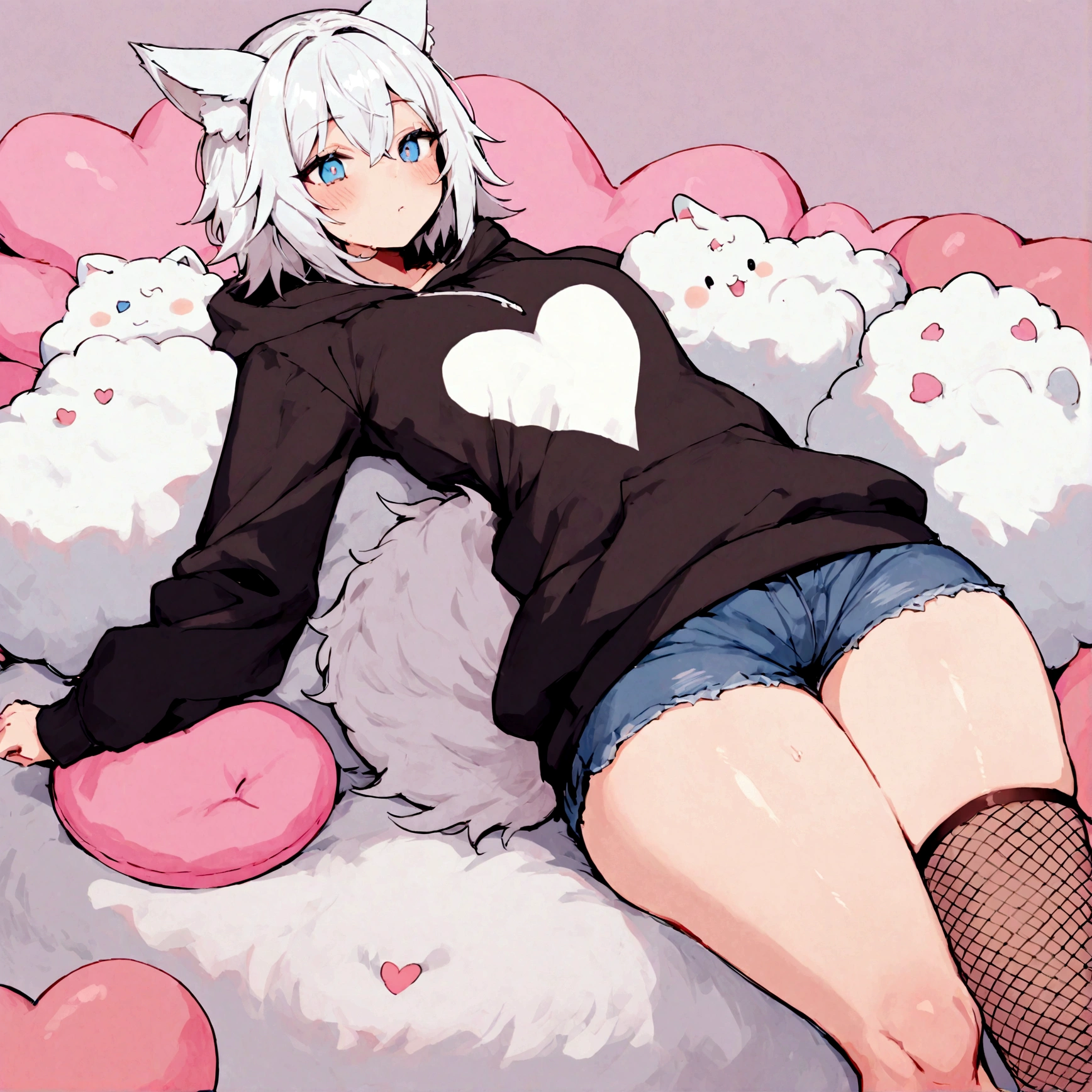 a cute adult male with wolf ears, white hair, has a wolf tail, wearing a loose cropped oversized black hoodie, wearing a pair of denim short shorts and fishnet stockings, thick thighs, wide hips, relaxing on mound of fluffy multi colored kawaii plushies, short, very slim, showing slender tummy, stretching out, heart on hoodie, squishy thighs, has glowing blue eyes. alone, solo (ALONE)(SOLO)