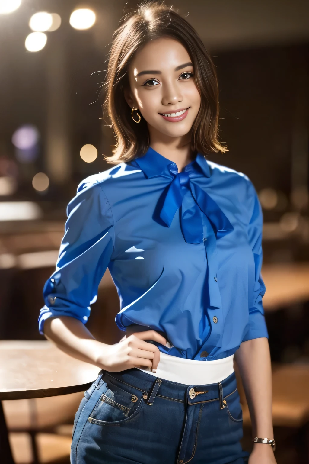 One Girl,(Wearing a blue blouse:1.2),(RAW Photos, highest quality), (Realistic, Photorealistic:1.4), Tabletop, Very delicate and beautiful, Very detailed, 2k wallpaper, wonderful, In detail, {8k wallpaper, Super detailed}, High resolution, Soft Light, {Beautiful detailed girl}, {Very detailed double eyelids and face}, {Beautifully detailed nose}, {Beautiful fine details:1.2},Cinema Lighting,City lights at night,Perfect Anatomy,Slender body,{{{smile:Show your teeth}}}