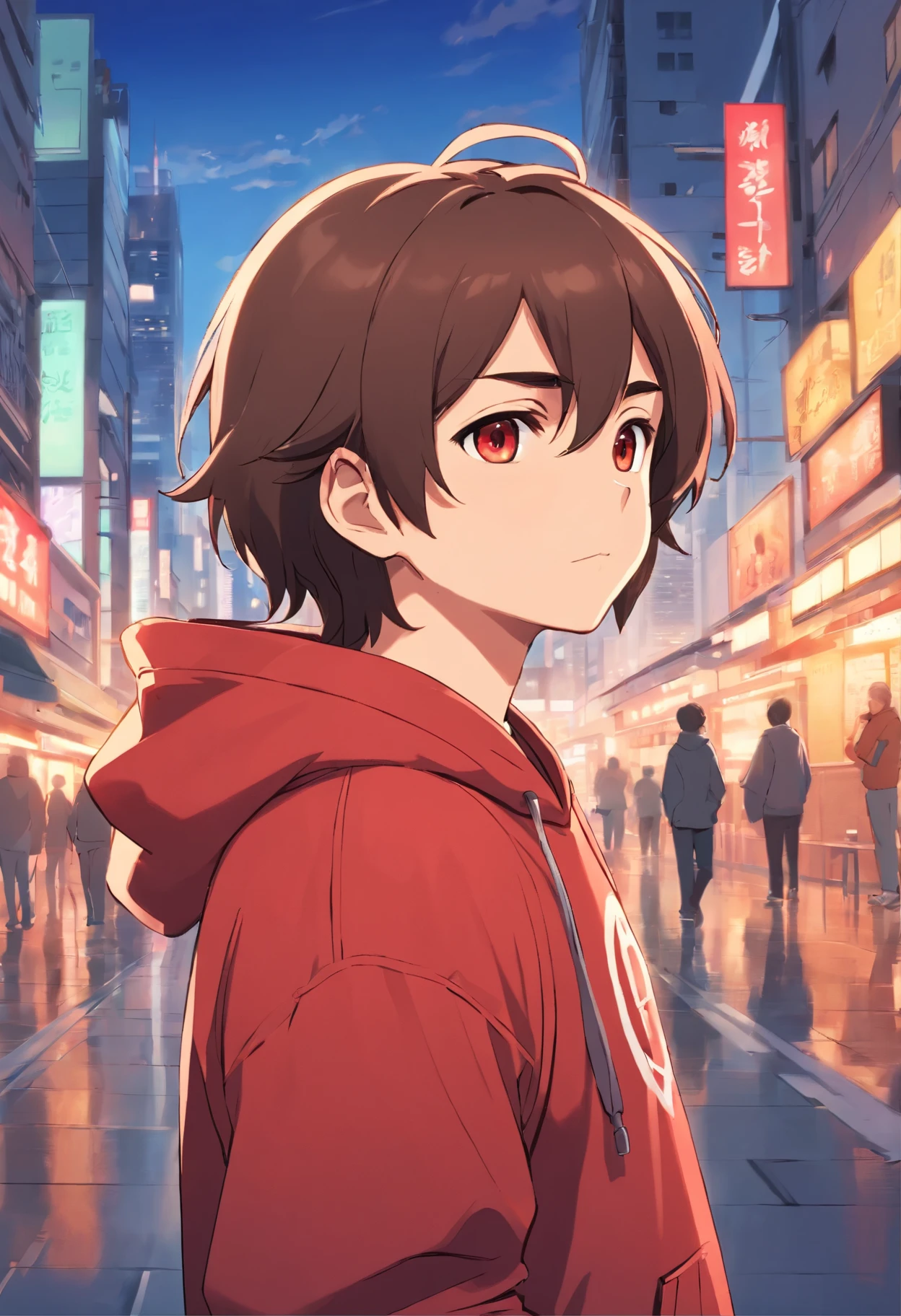 Chubby young man, white man, long brown hair, very long hair, anime character, red hoodie, brown eyes, Ohio background