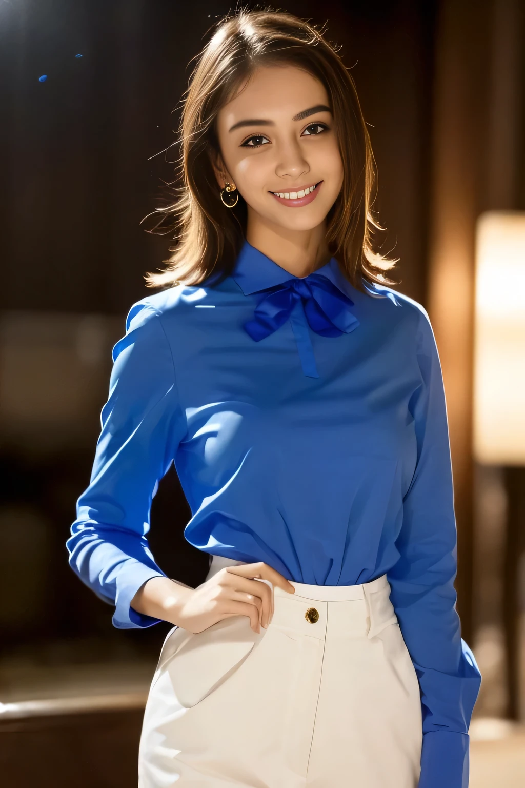 A close up of a woman in a blue shirt and white skirt - SeaArt AI