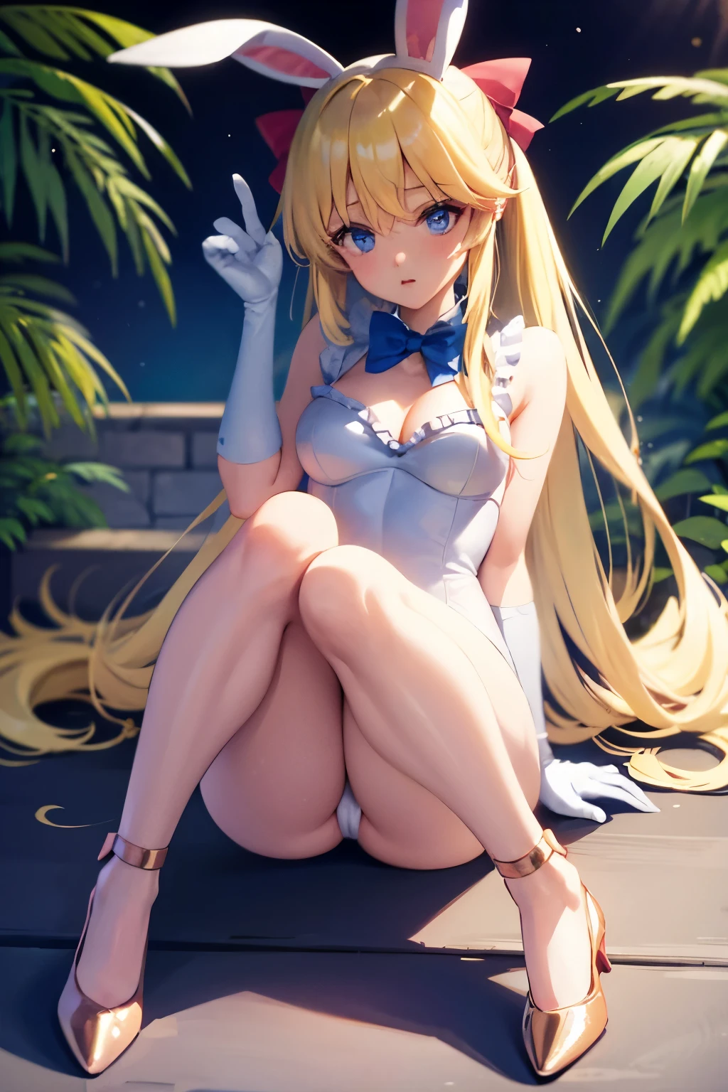  blonde hair, blue eyes, bunny ears, rabbit costume, woman, beautiful girl, bows, heels, kemonomimi, long hair, playboy bunny outfit, shoes two bows, two pigtails, usagimimi