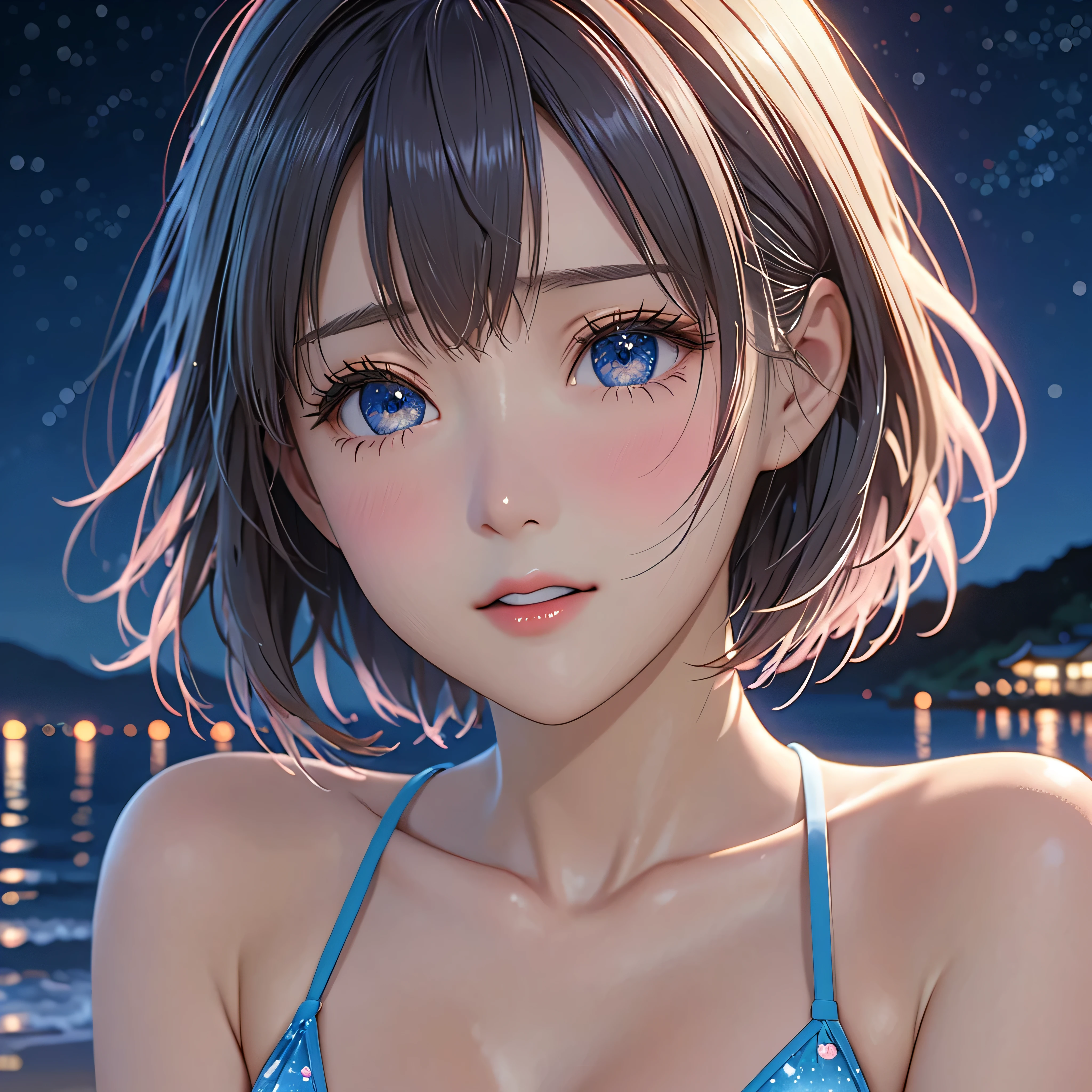 National Science Foundation,masterpiece,High resolution,8K,Art,digit,Three-dimensional,Realism,Kyoto Animation Style,your name movie style,Facing the camera,night,midnight,Light,at the seaside,(1 female: 1.3),(alone: 1.4),Bikini,Long eyelashes,Long thin legs,Short Bob,Sexy pose,Close-up of upper body,Close-up,close view,nightstarry sky,Eyes as deep as the starry sky,Blushed,shy,shy,open mouth,(Tearing up)