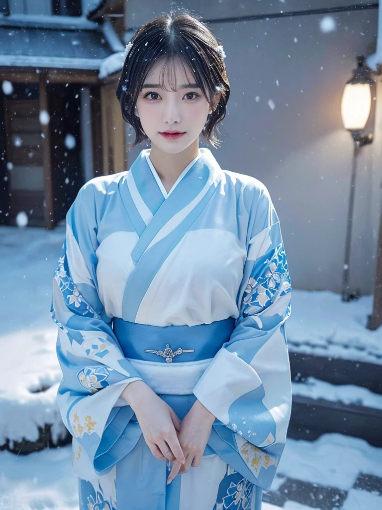 (sky blue translucent Kimono)、(top-quality,masterpiece:1.3,超A high resolution,),(ultra-detailliert,Caustics),(Photorealsitic:1.4,RAW shooting,)Ultra-realistic capture,A highly detailed,high-definition16Kfor human skin、 Skin texture is natural、very large round breasts、The skin looks healthy with an even tone、 Use natural light and color,One Woman, Japanese,kawaii,A dark-haired,Short bob hair, head to knee, (depth of fields、chromatic abberation、、Wide range of lighting、Natural Shading、)、(Exterior light at night:1.4)、(Falling snow:1.2)、(Hair swaying in the wind:1.1)、(Light reflecting snow:1.2)、