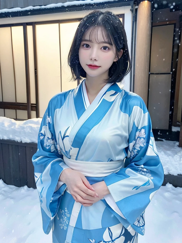 (sky blue translucent Kimono)、(top-quality,masterpiece:1.3,超A high resolution,),(ultra-detailliert,Caustics),(Photorealsitic:1.4,RAW shooting,)Ultra-realistic capture,A highly detailed,high-definition16Kfor human skin、 Skin texture is natural、very large round breasts、The skin looks healthy with an even tone、 Use natural light and color,One Woman, Japanese,kawaii,A dark-haired,Short bob hair, head to knee, (depth of fields、chromatic abberation、、Wide range of lighting、Natural Shading、)、(Exterior light at night:1.4)、(Falling snow:1.2)、(Hair swaying in the wind:1.1)、(Light reflecting snow:1.2)、