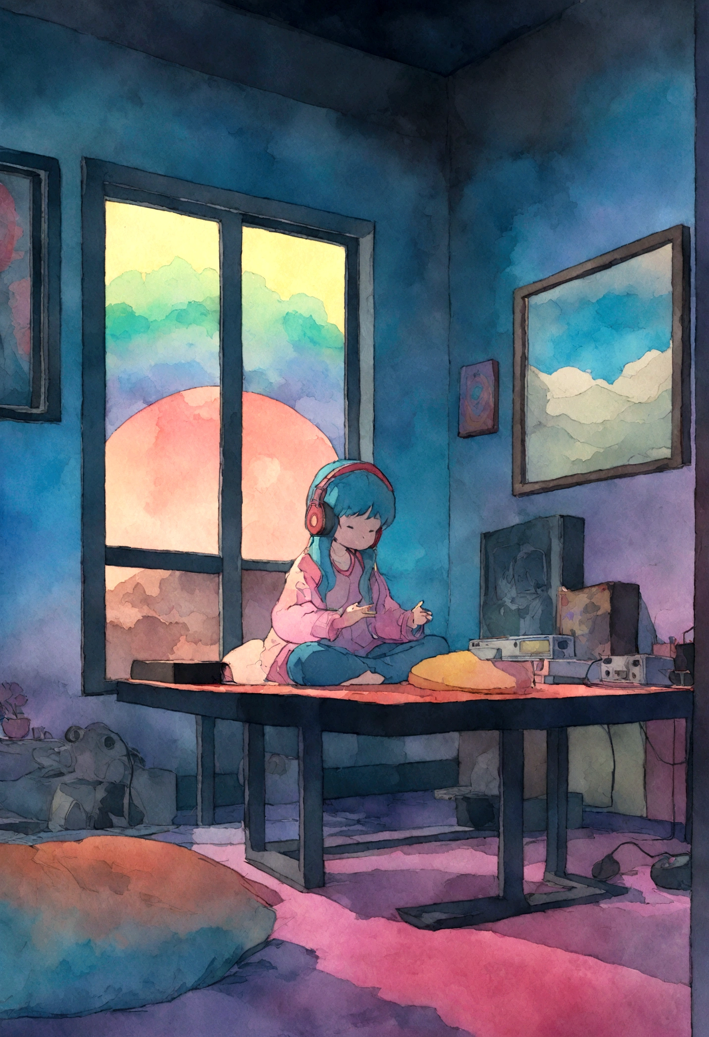 European hippie girl meditating in her room, dream, Wear headphones, night間照明, Neon scenery on a rainy day, Analog Color Theme, Lo-fi Hip Hop , retrospective exhibition, flat, 2.5D ,Draw a line, Ink drawing, Large gradient, Watercolor, Gouache color, Studio Ghibli style, Great colorful, Outerton, Krautlock, Lofi Art, 70s style,Old Texture, amplitude,Psychedelic atmosphere, Tabletop, Amazing Technology,night、Girl listening to music in a cozy room, Use headphones, 2D Style Anime, I will fix it, hard disk, Dark Environment